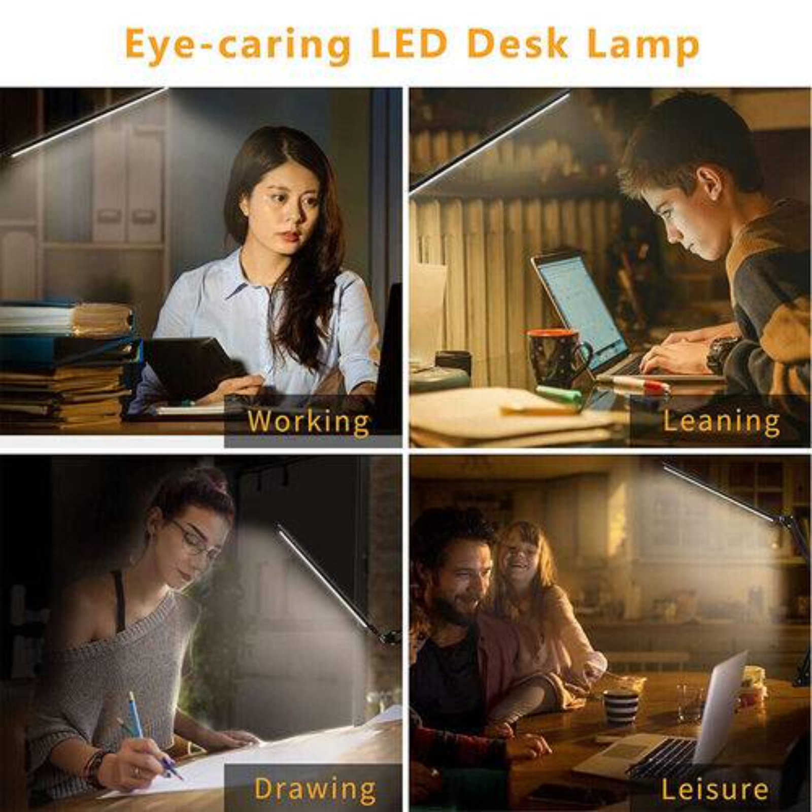 Vier Szenen: Arbeiten, Anlehnen, Zeichnen und Freizeit, alle mit Schreibtischlampe.