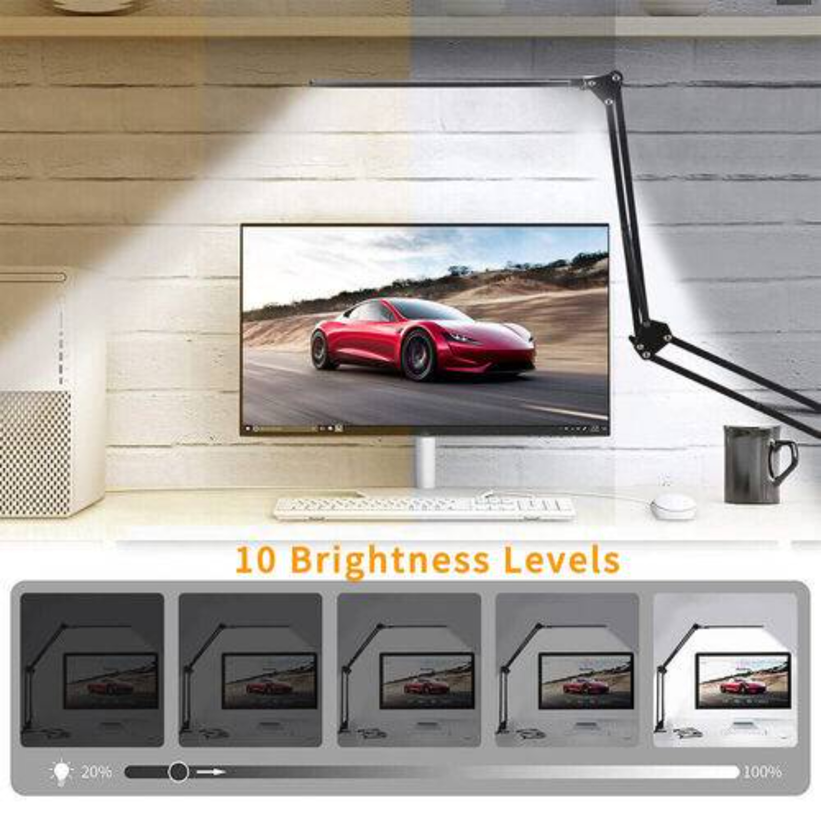 Ein Schreibtisch-Setup mit einem roten Auto auf dem Bildschirm und einer Lampe mit verschiedenen Helligkeitsstufen.