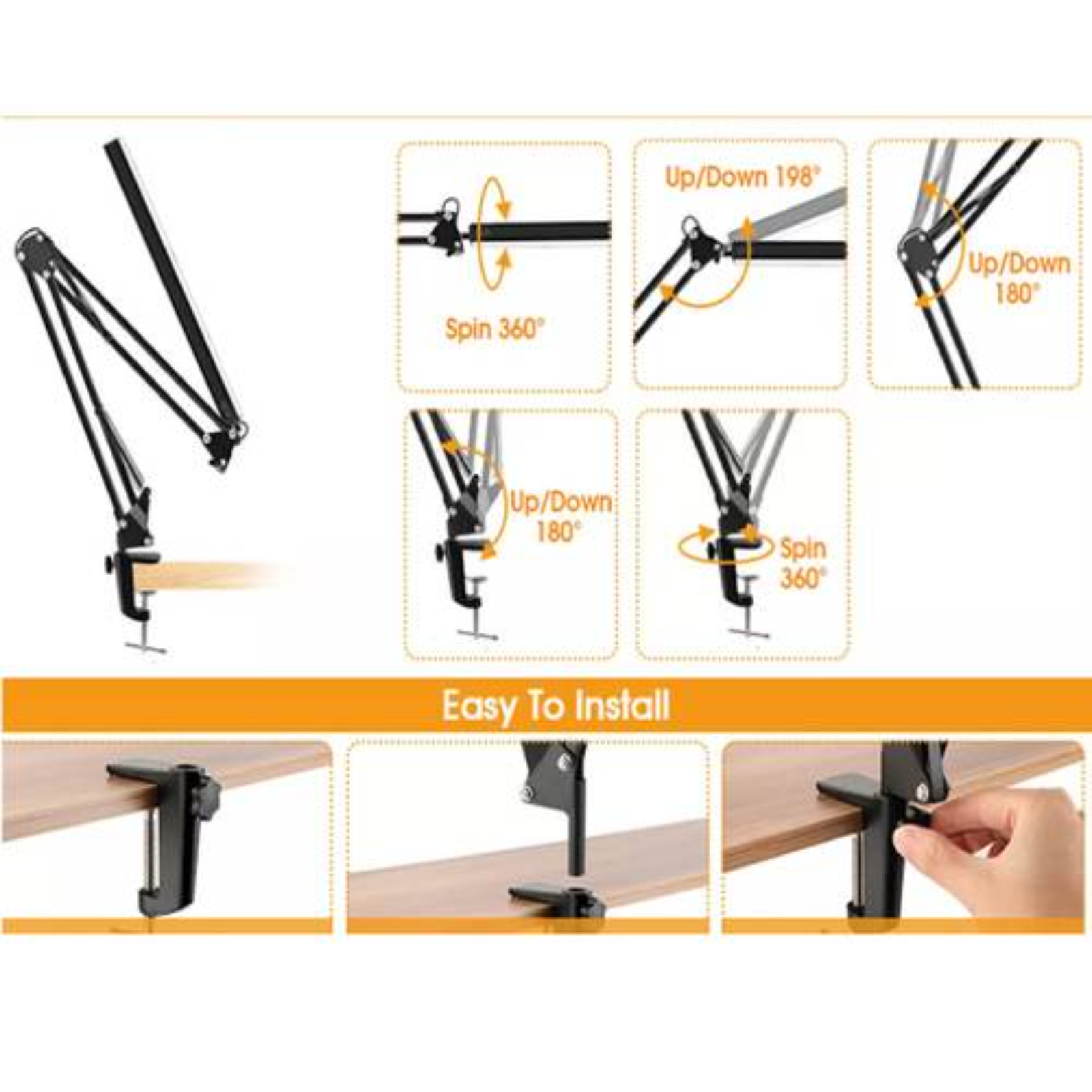 Verstellbare Schreibtischlampe mit mehreren Gelenken. Zeigt 360- und 180-Grad-Drehung und einfache Installation.