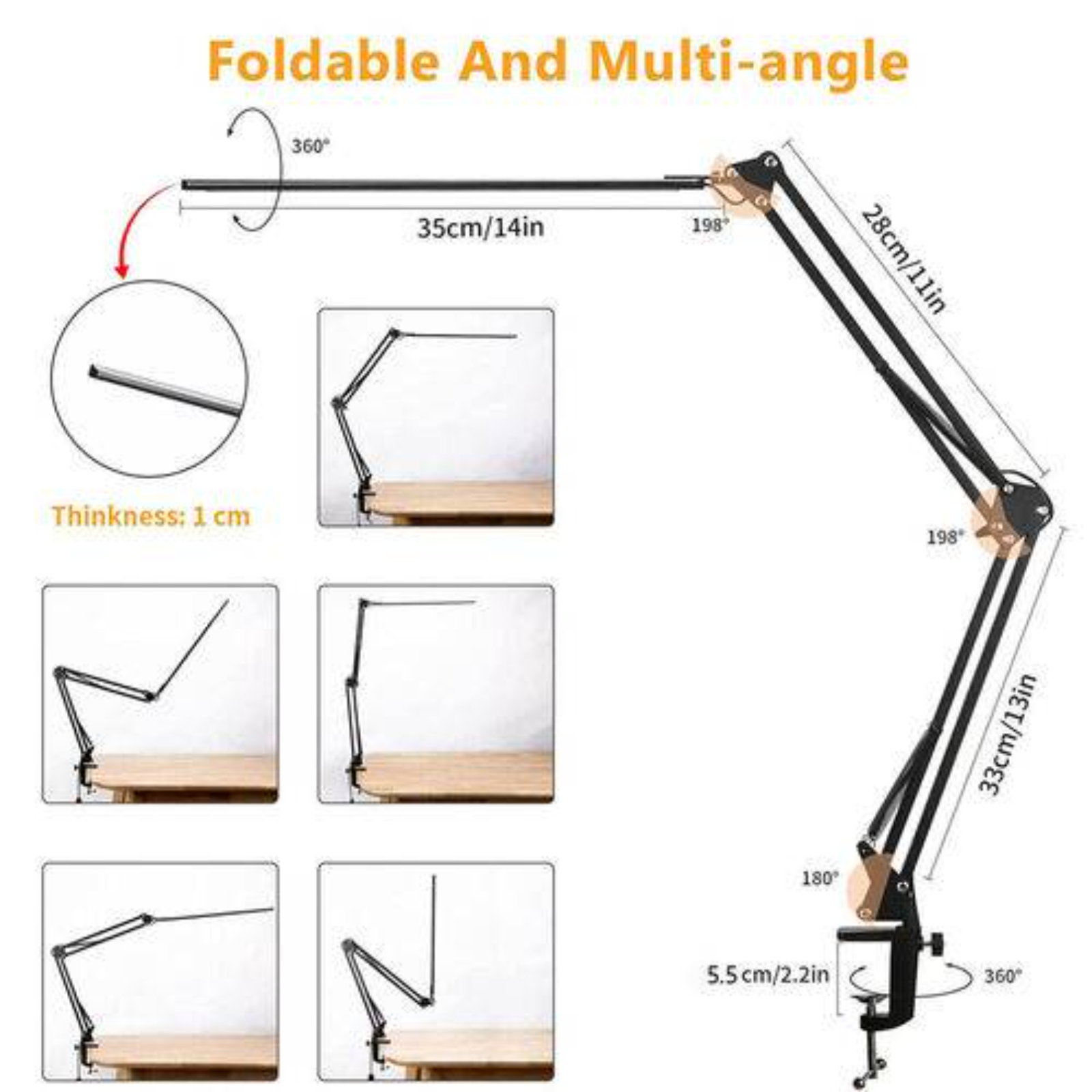 Diagramm einer schwarz-goldenen Gelenklampe mit Maßen und verschiedenen Positionen. Weißer Hintergrund.