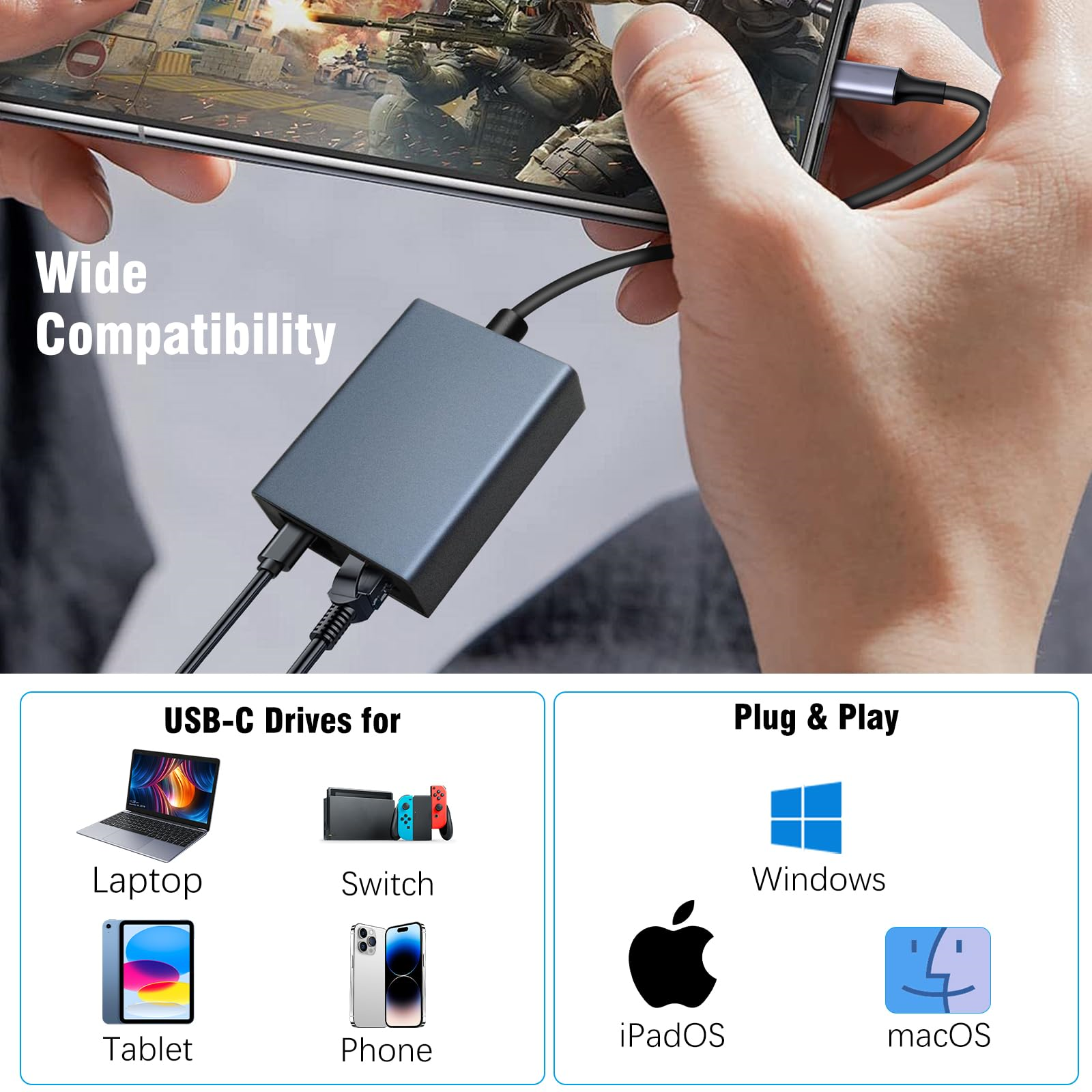Ein USB-C-Hub mit verschiedenen Anschlüssen und Gerätekombinationssymbolen, einschließlich Laptops und Telefonen.