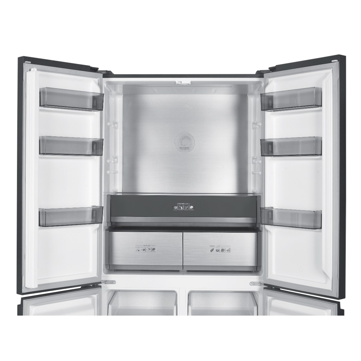 Otwarta lodówka z wieloma przegrodami i szufladami. Wnętrze ma metaliczny srebrny kolor.