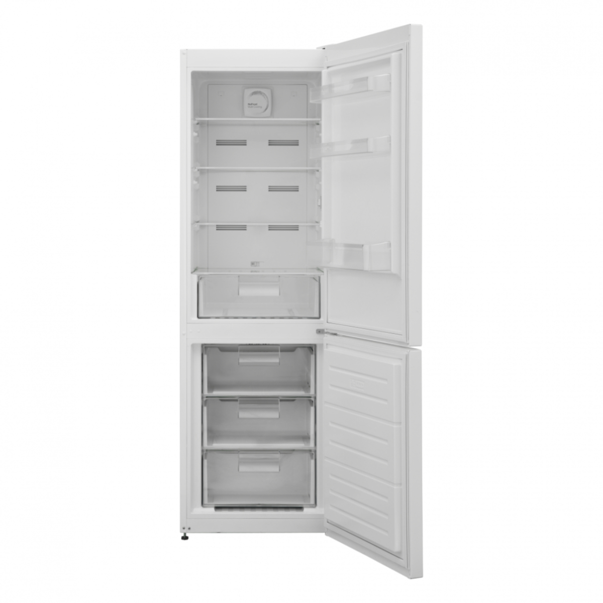 Een koelkast met de deur open, met planken en laden.