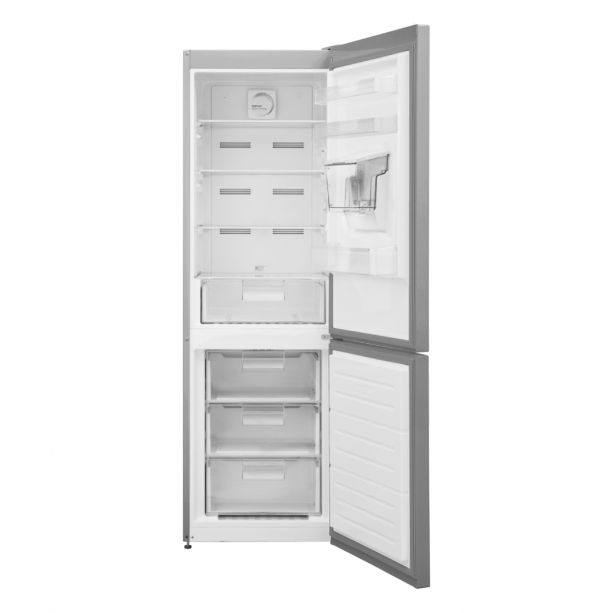 Koelkast met open deuren, met planken, laden en wit interieur.