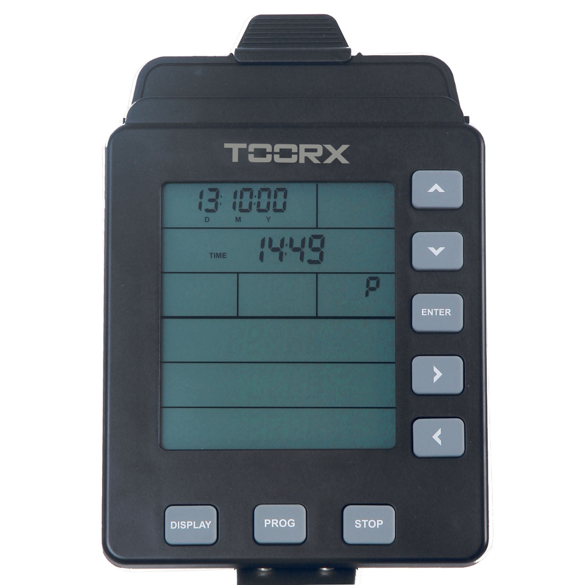 Black device displaying time and buttons. It has a screen and several grey buttons on the side.