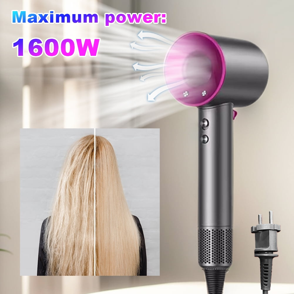 Un asciugacapelli grigio e rosa. Un'immagine prima e dopo dei capelli a sinistra e a destra dell'asciugacapelli.