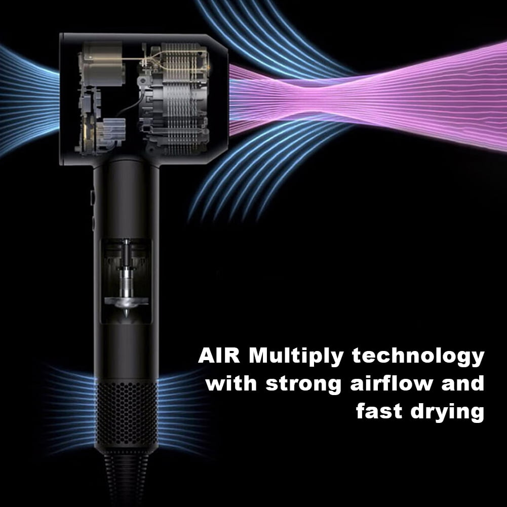 Un asciugacapelli nero con flussi d'aria blu e rosa. Testo: Tecnologia AIR Multiply con flusso d'aria forte e asciugatura rapida.