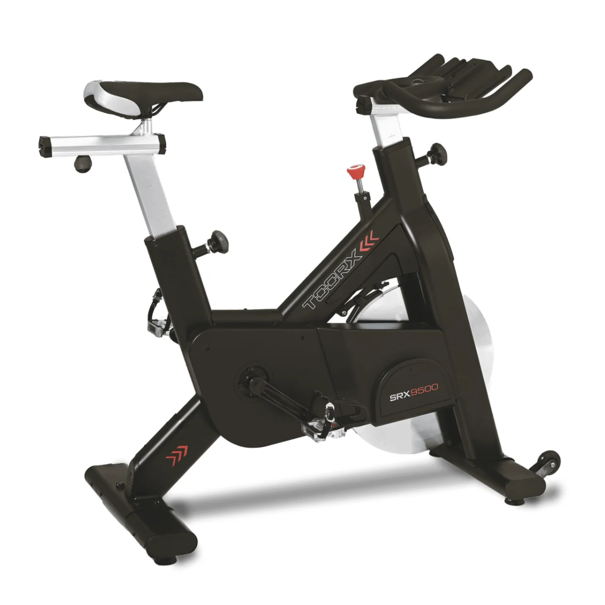 Een zwarte hometrainer, met zwarte handvatten, witte zitting en zilveren details.