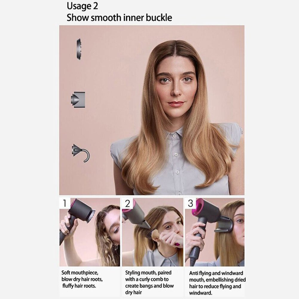 Donna con capelli lunghi che usa un asciugacapelli con accessori. Immagini di istruzioni incluse.