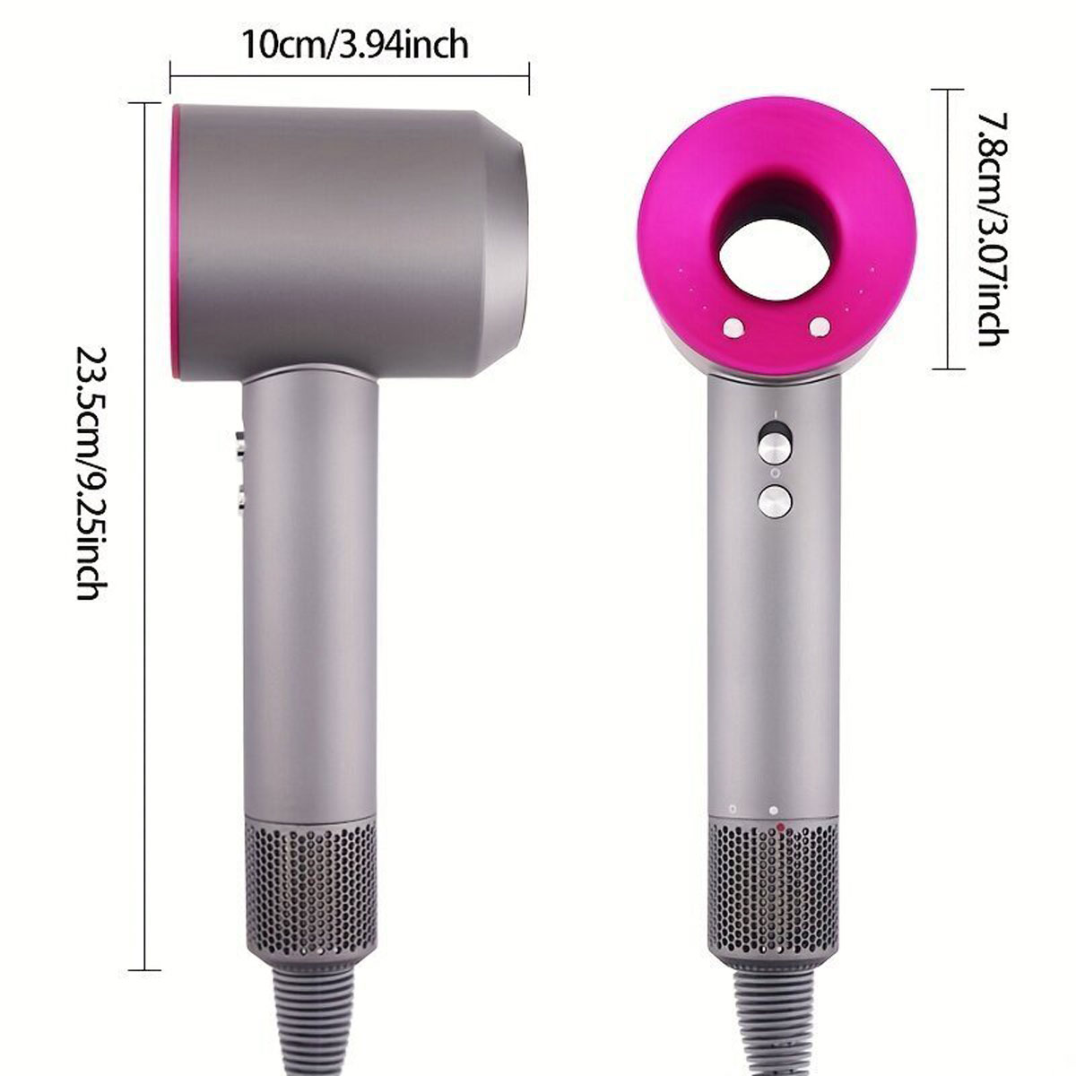 Secador de pelo gris y rosa con dimensiones. La vista derecha muestra la boquilla.