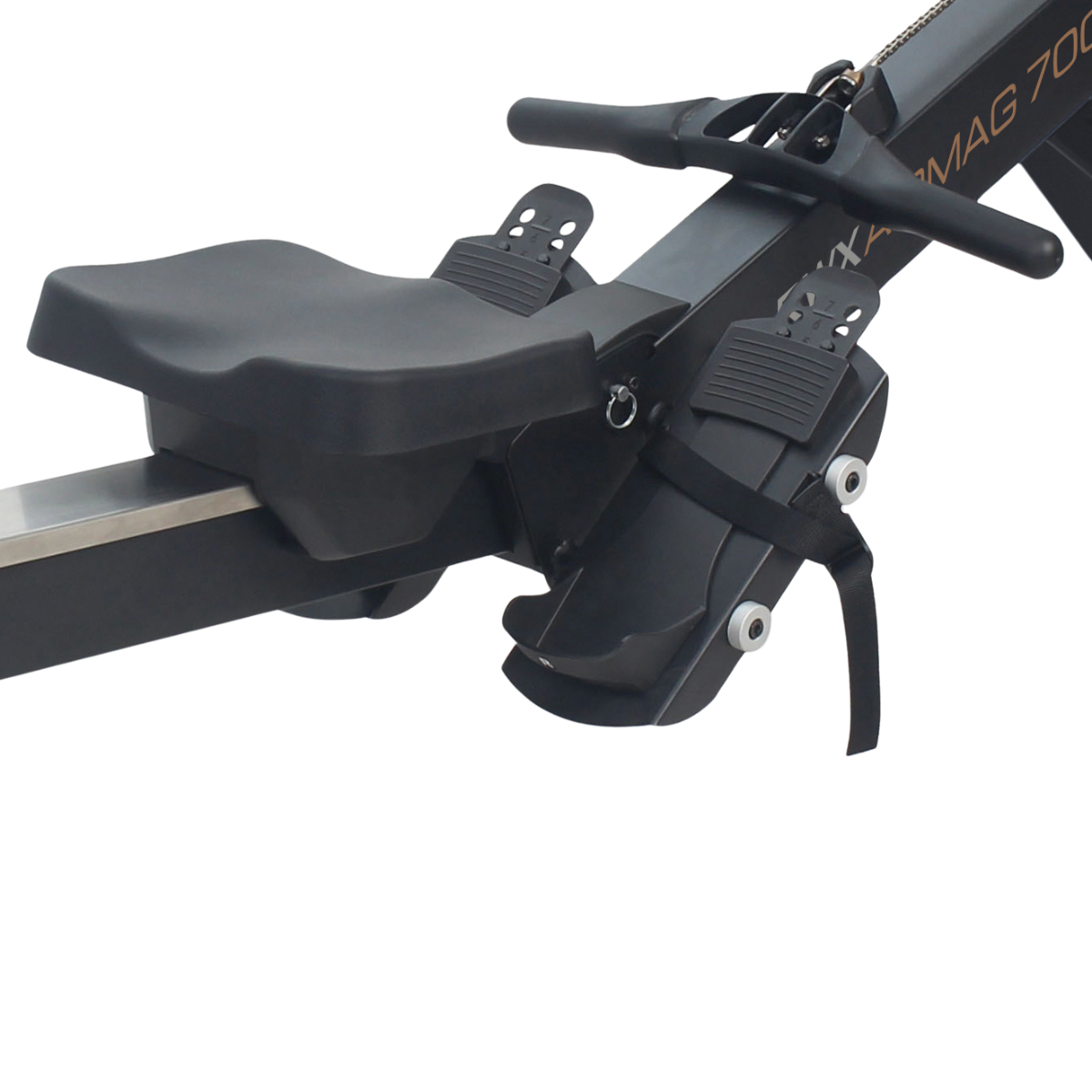 Rowing machine close up of the seat, footrests, and handles. Black and silver colors.