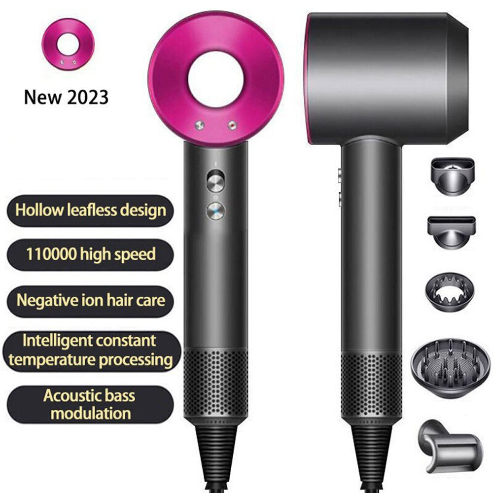 Due asciugacapelli Dyson in diverse configurazioni, con testo sulle loro caratteristiche, su sfondo bianco.