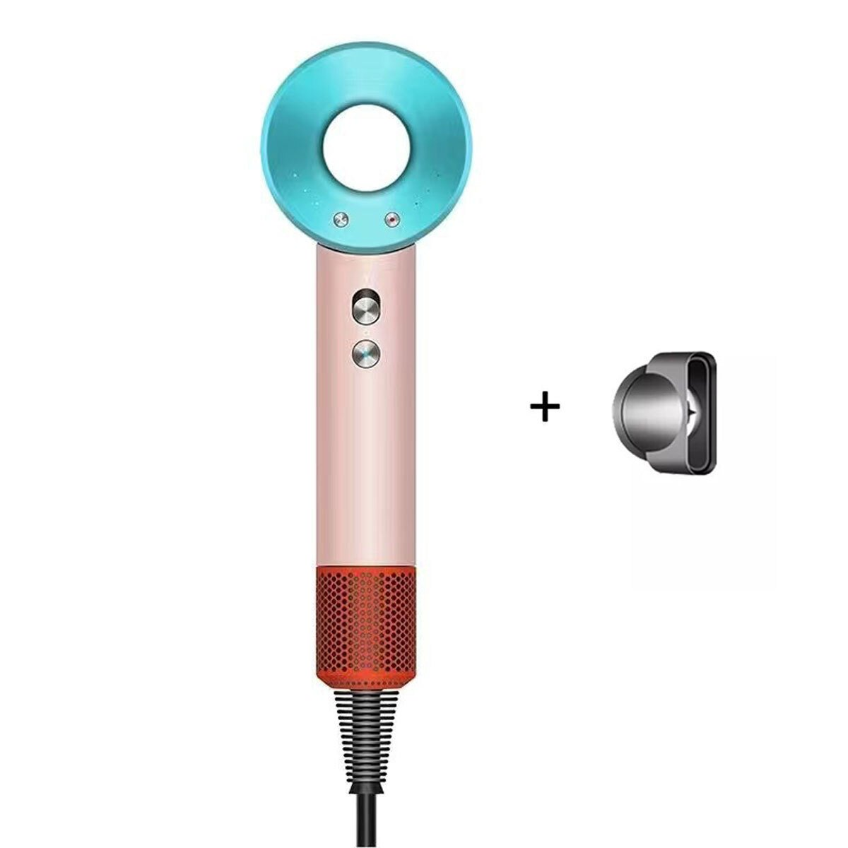 Un asciugacapelli rosa e blu con un accessorio a destra, isolato.