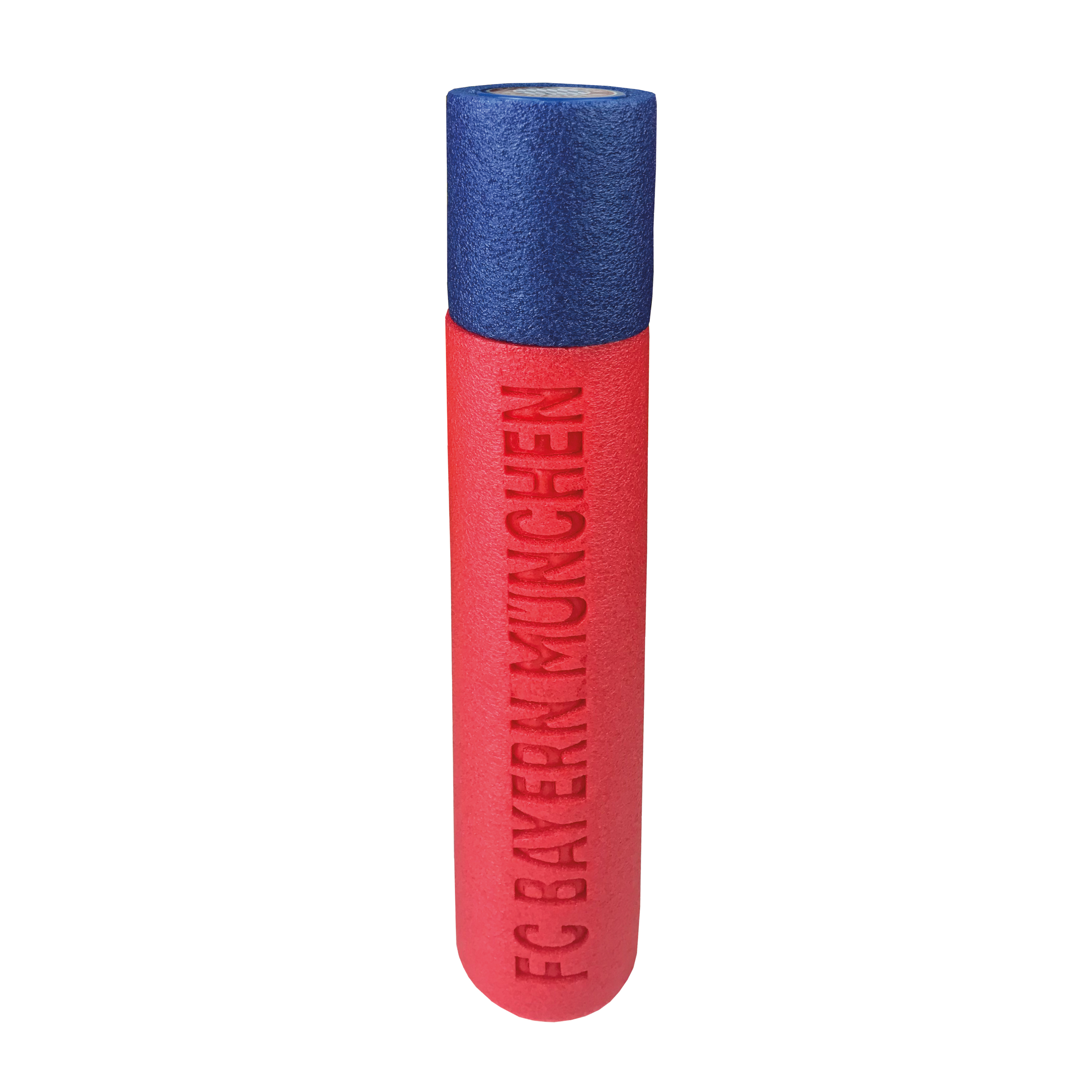 Rotes und blaues Schaumstoffspielzeug mit Text: FC Bayern München auf weißem Hintergrund.