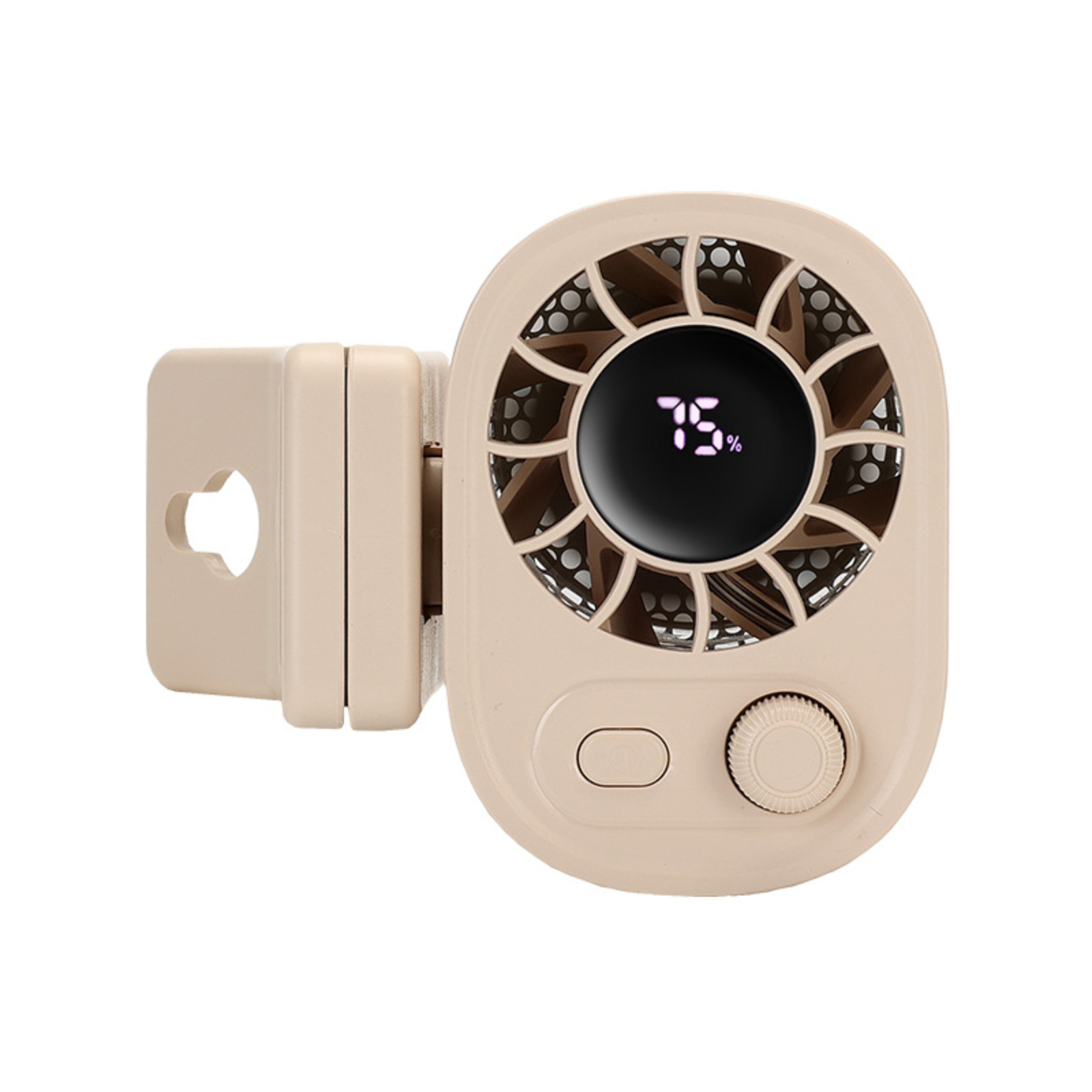 Beige tragbarer Ventilator mit Digitalanzeige, die den Prozentsatz anzeigt, und einem Drehknopf.