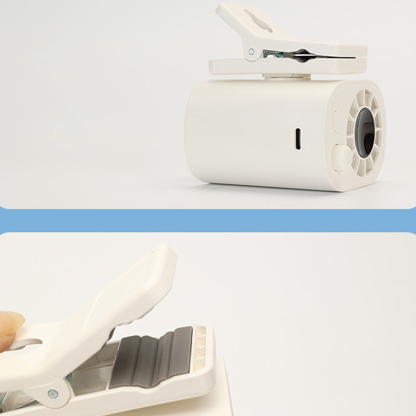 Ein weißer Clip-on-Ventilator, mit geöffneter Klammer und ein zweites Foto mit geöffneter Klammer.