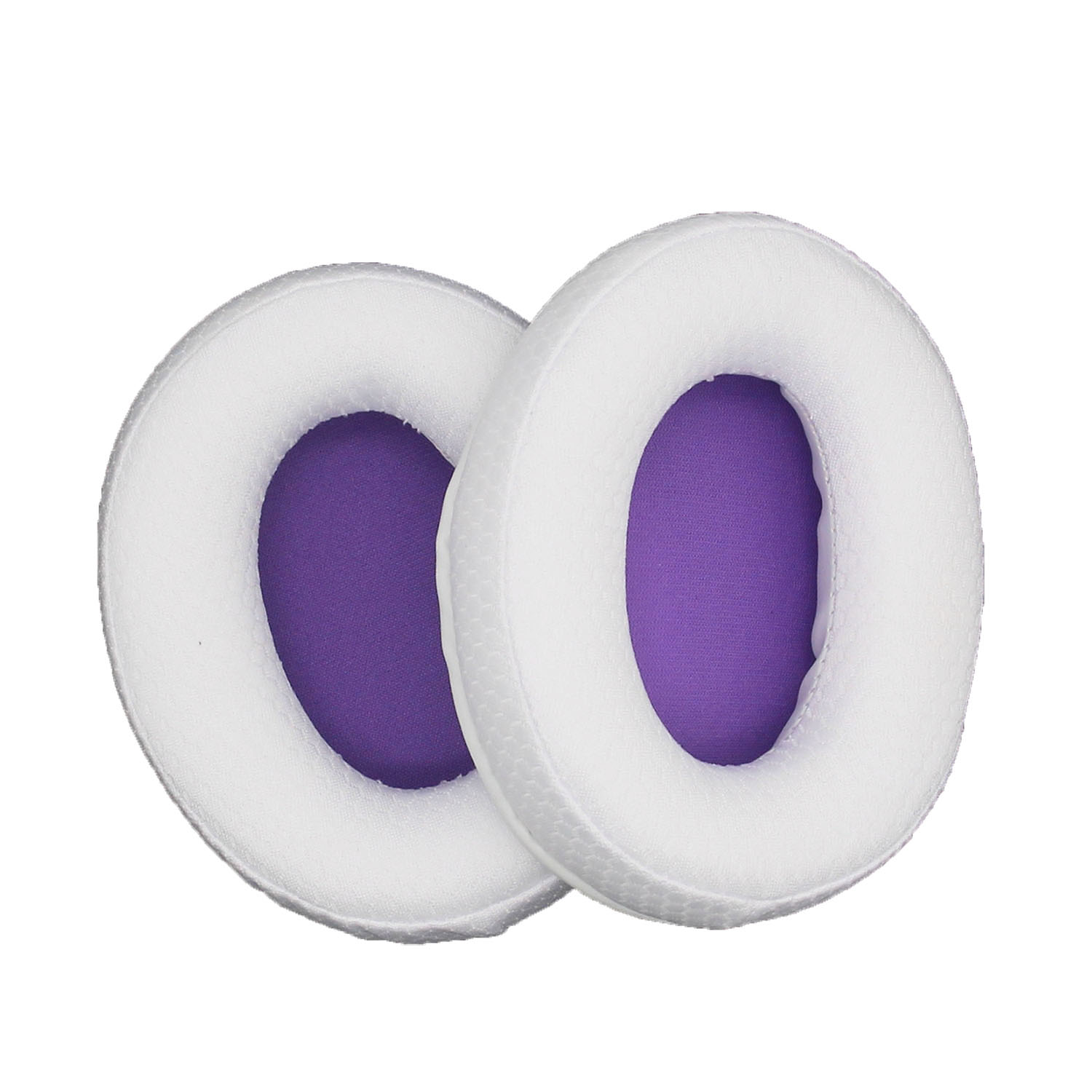 Twee witte, ronde oorkussens met paarse centra, geïsoleerd op een witte achtergrond.