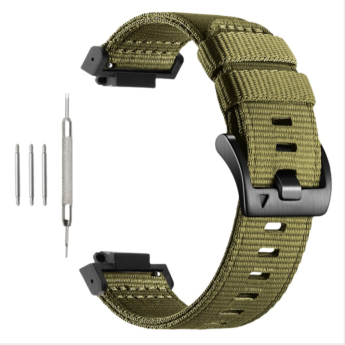 Grünes Nylon-Armband, schwarze Schnalle und Stahlwerkzeuge. Drei Stifte und ein Werkzeug.