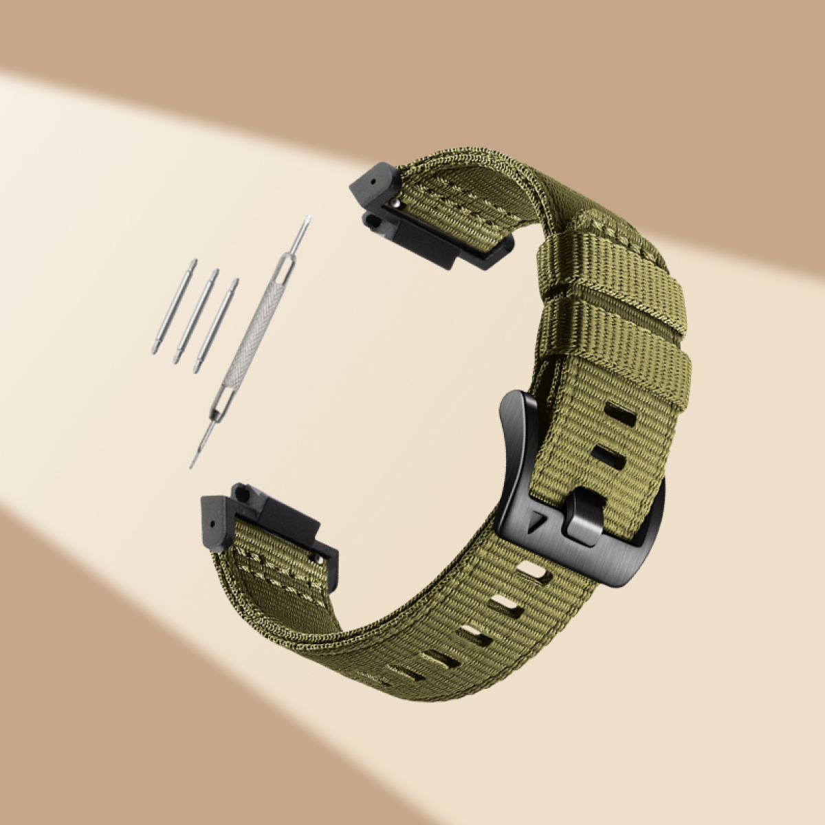 Olivgrünes Uhrenarmband mit schwarzer Schnalle und Werkzeug zum Anbringen.