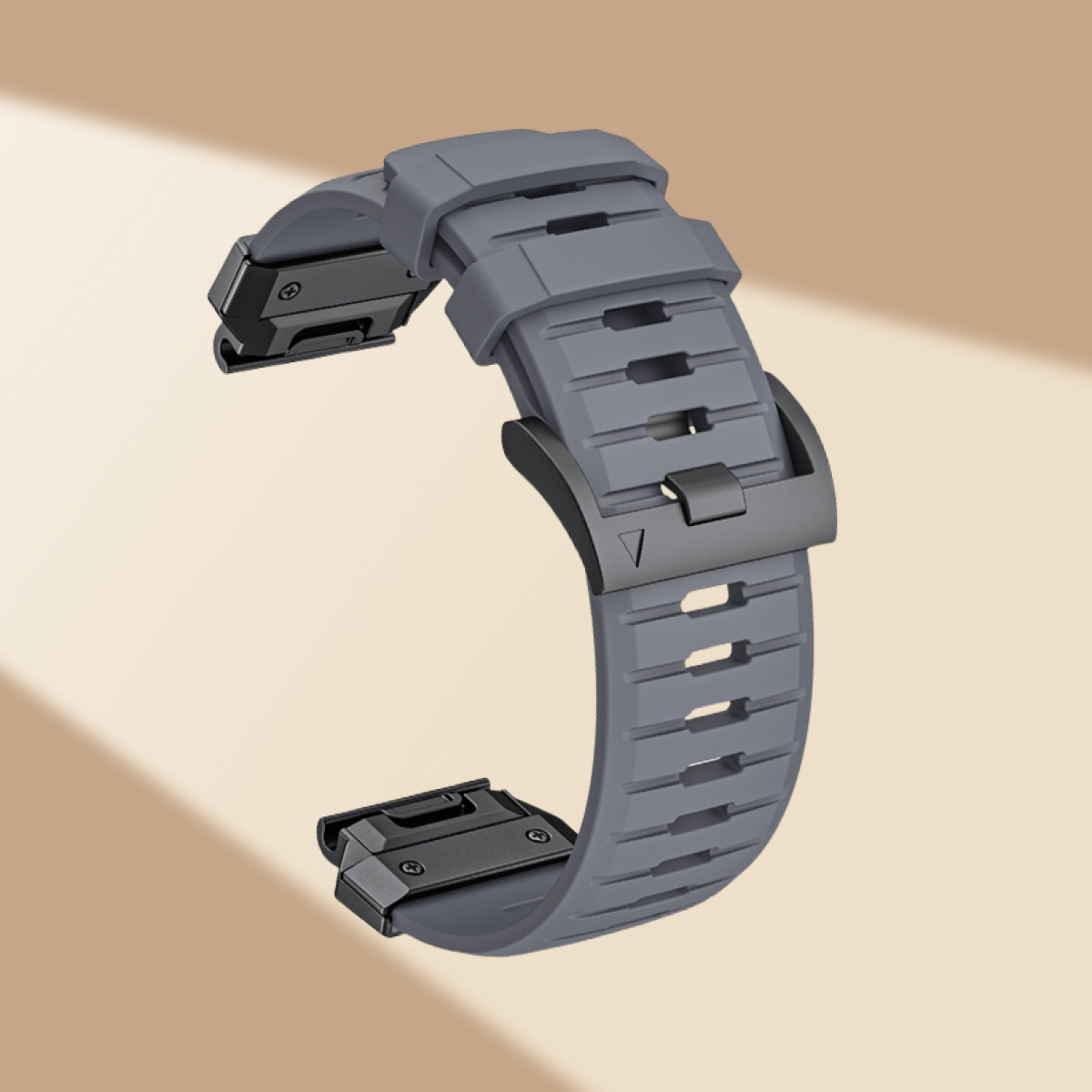 Graues Uhrenarmband mit schwarzen Akzenten, Schnalle und Federstegen. Neutraler beiger Hintergrund.