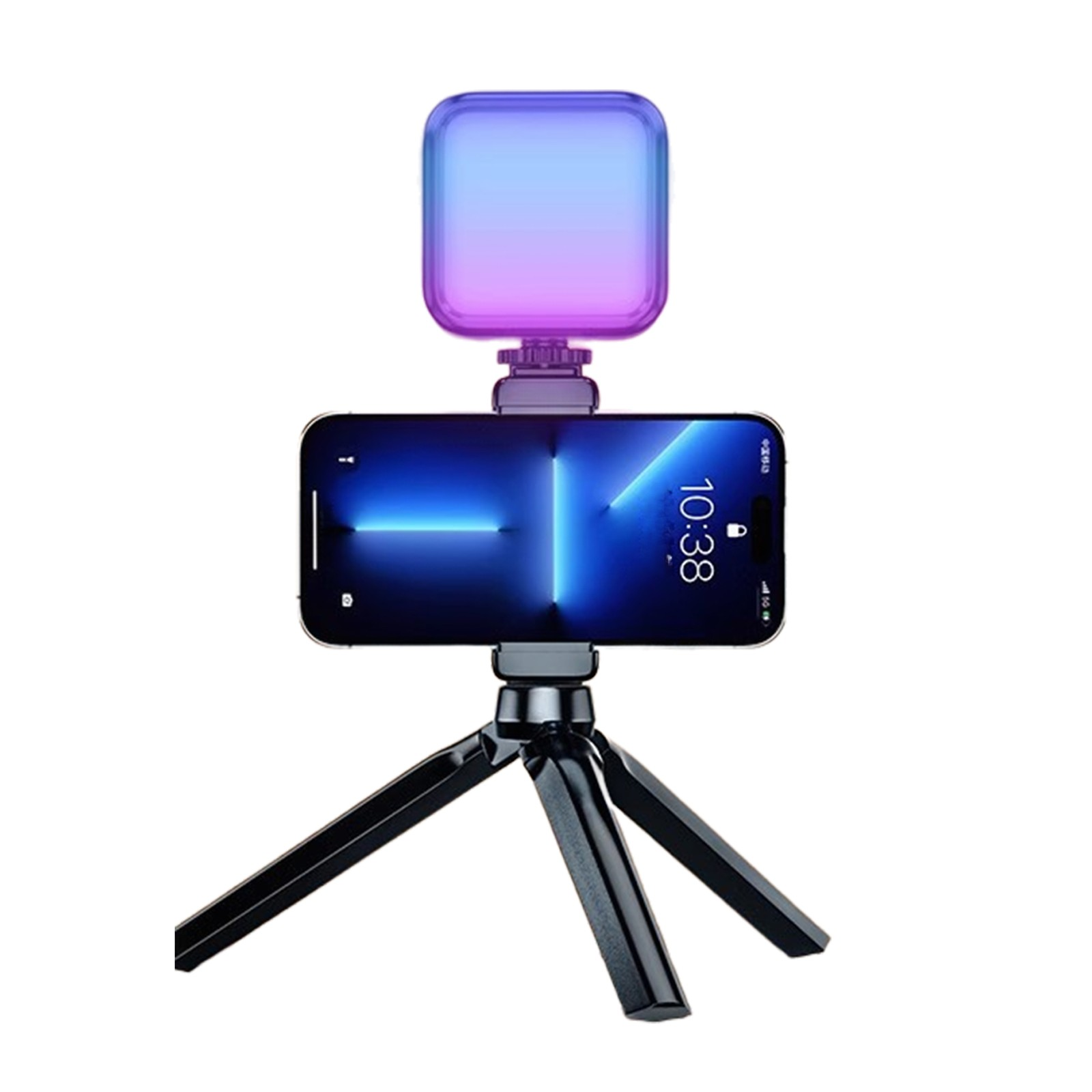 Smartphone auf einem Stativ mit angebrachter Videoleuchte.