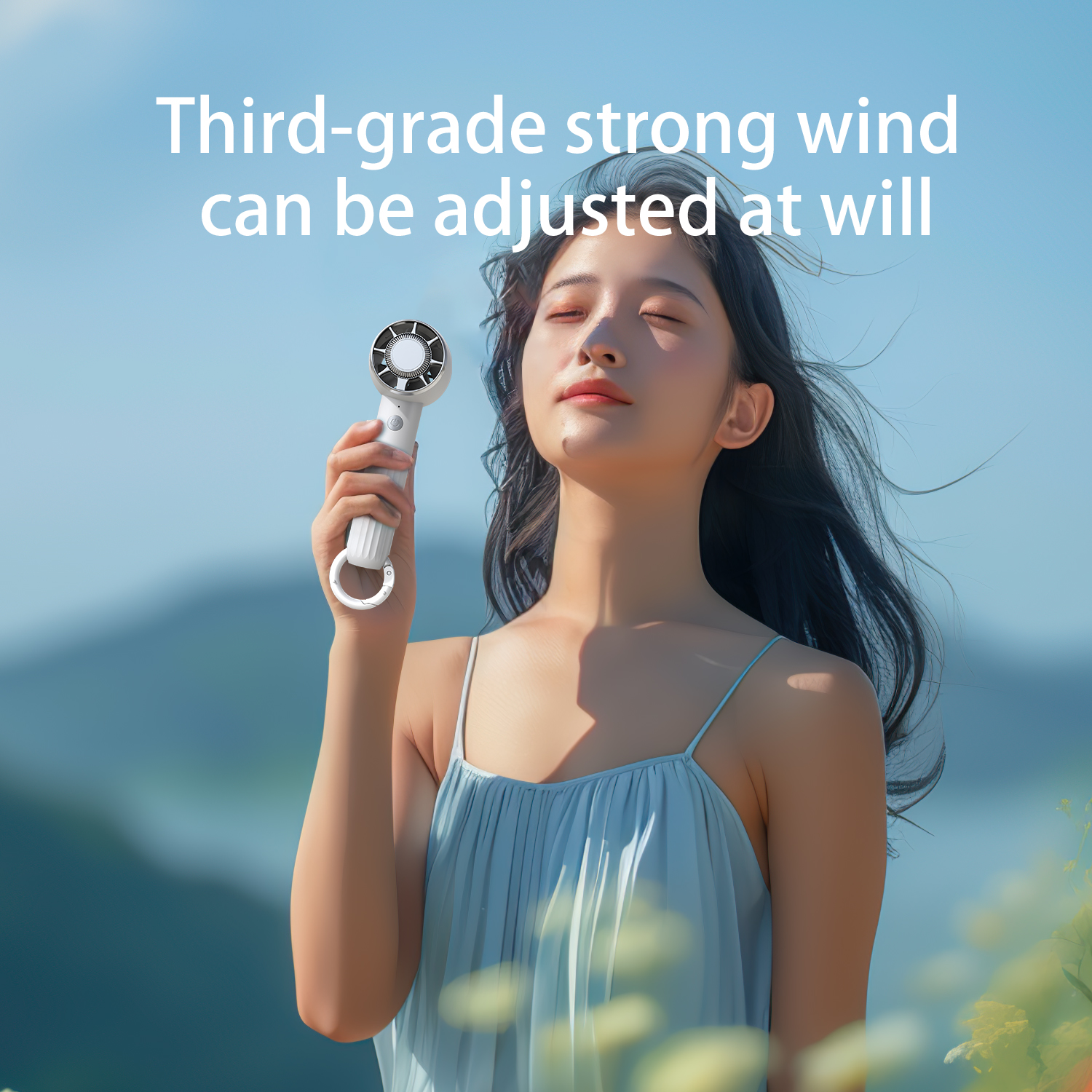 Woman holding a white and gray fan. Green field background with a blue sky. Text: "Third-grade strong wind".