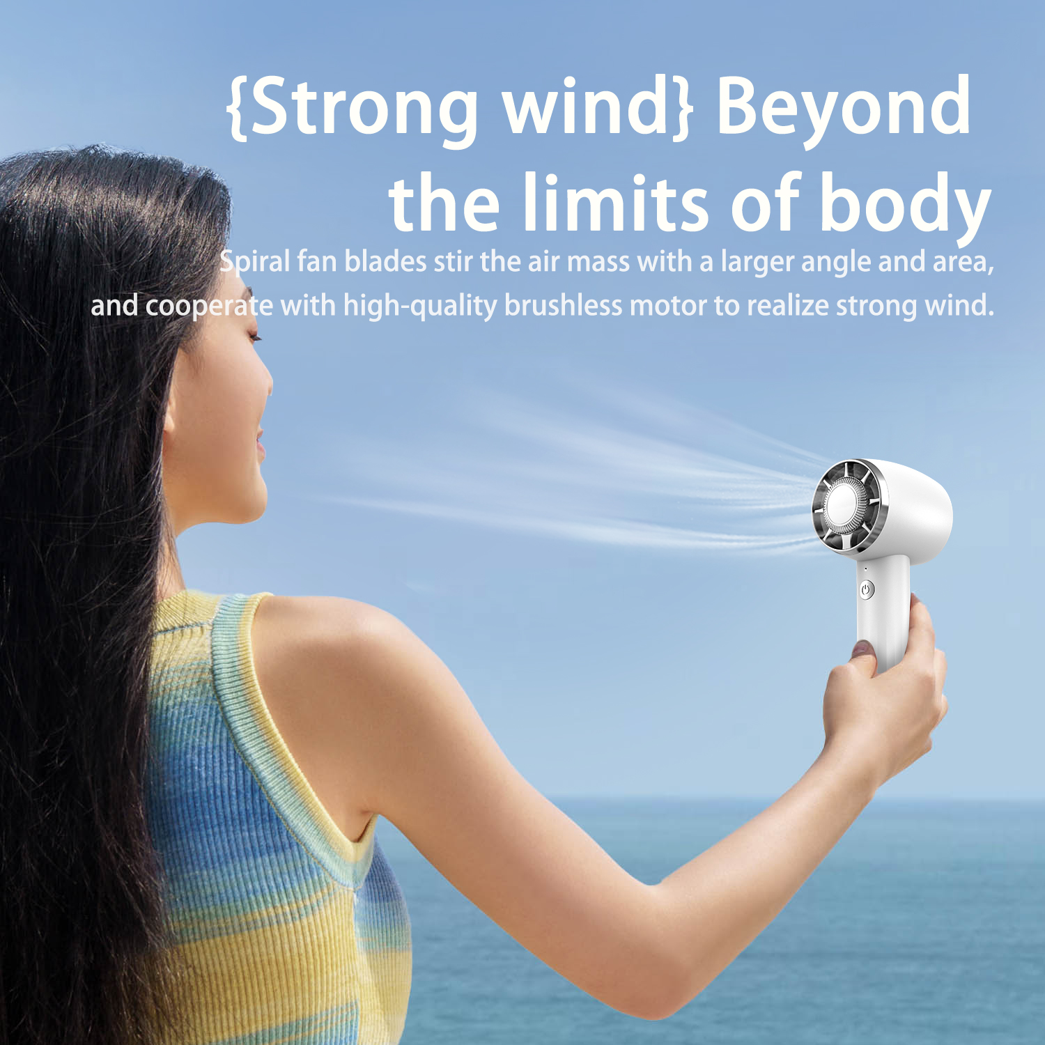 Woman using a white hair dryer. The background is a blue sky with the ocean.
