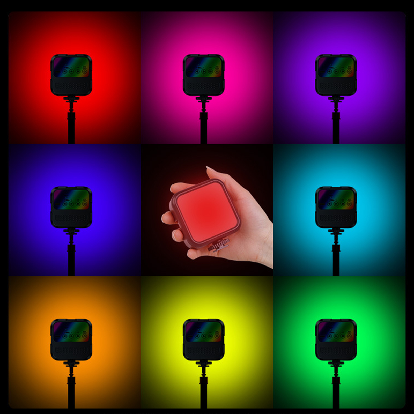 Neun farbige LED-Leuchten in verschiedenen Farben auf schwarzen Ständern, in einem Raster angeordnet.