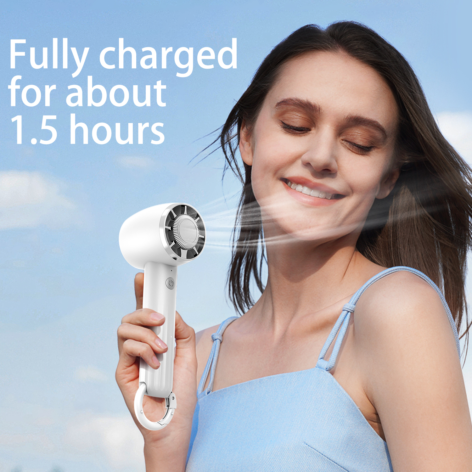 Woman holding a white fan, blue sky background, text about charging time.