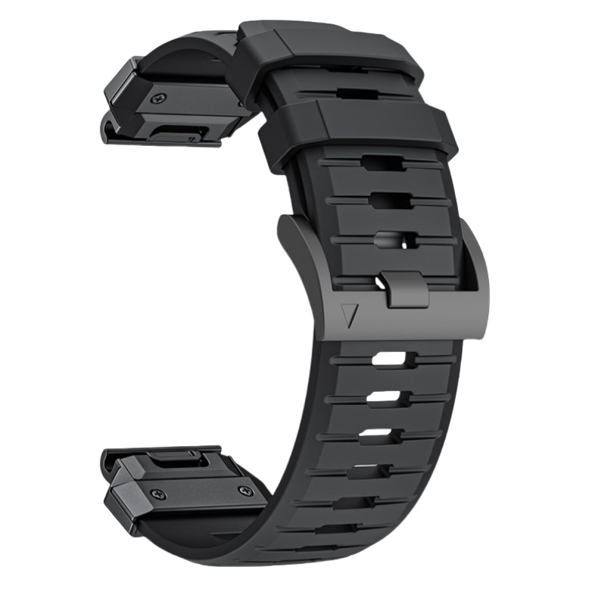 Cinturino nero per smartwatch. Ha un design curvo e una fibbia per una vestibilità sicura.