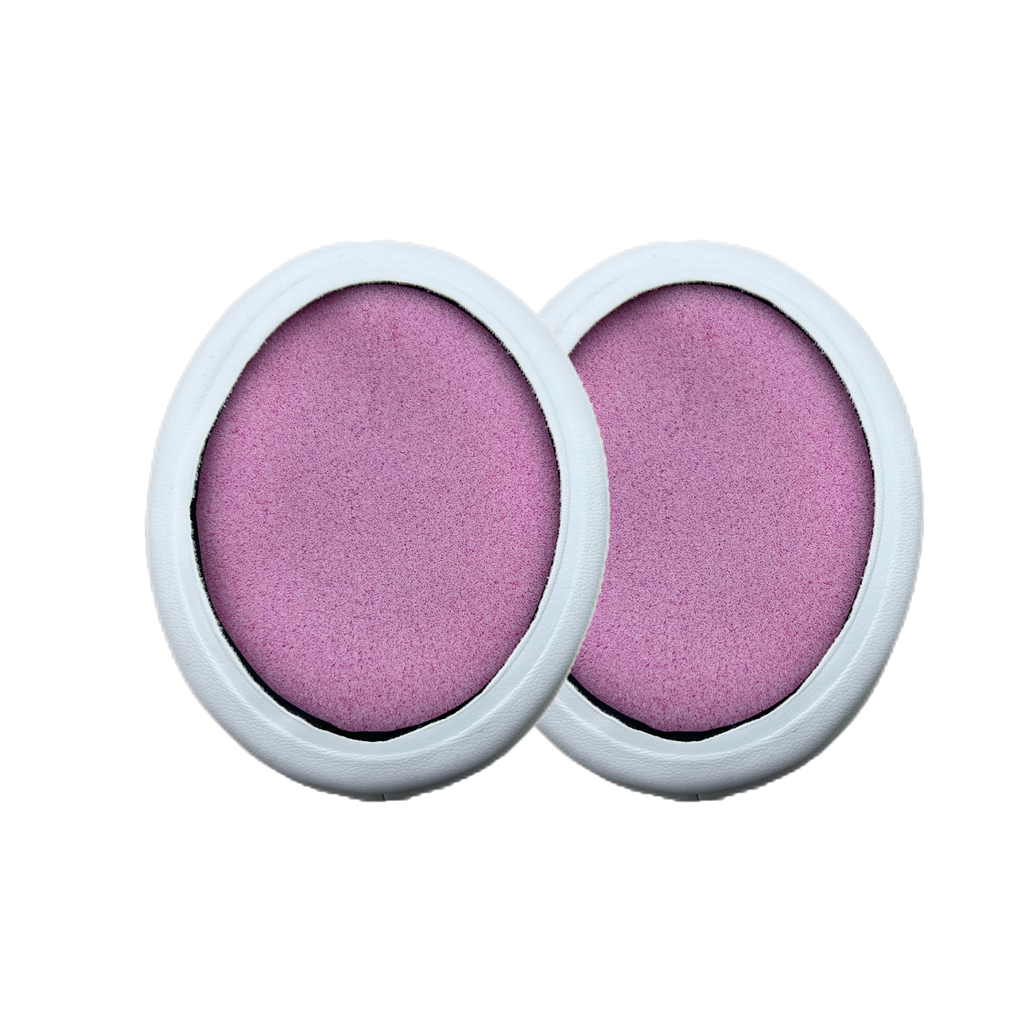 Due cuscinetti auricolari rosa con cornici bianche. I cuscinetti sono circolari con un anello esterno bianco.