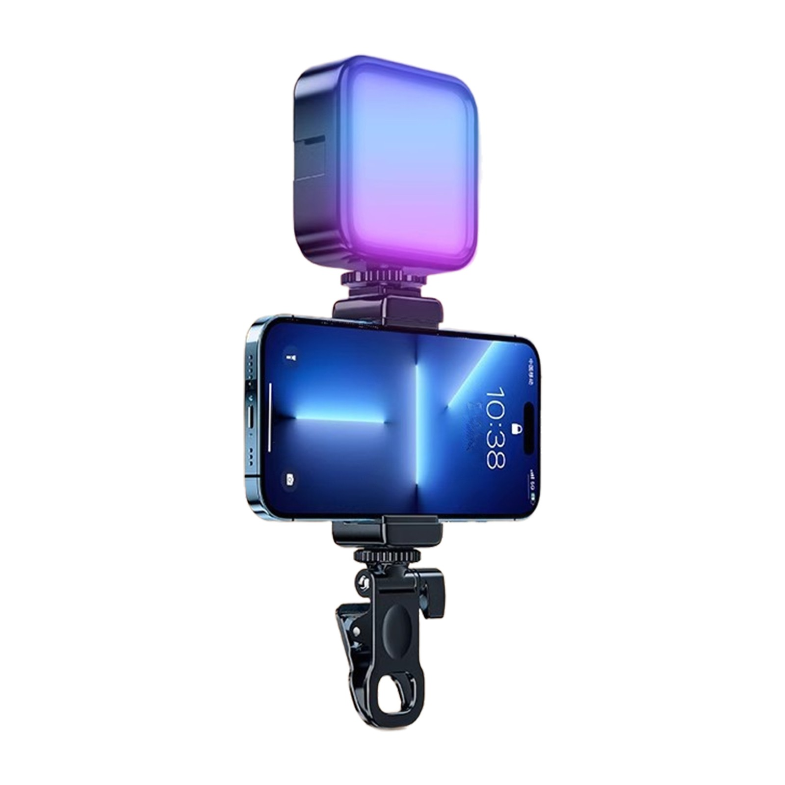 Smartphone mit Licht montiert. Das Licht ist lila und blau.
