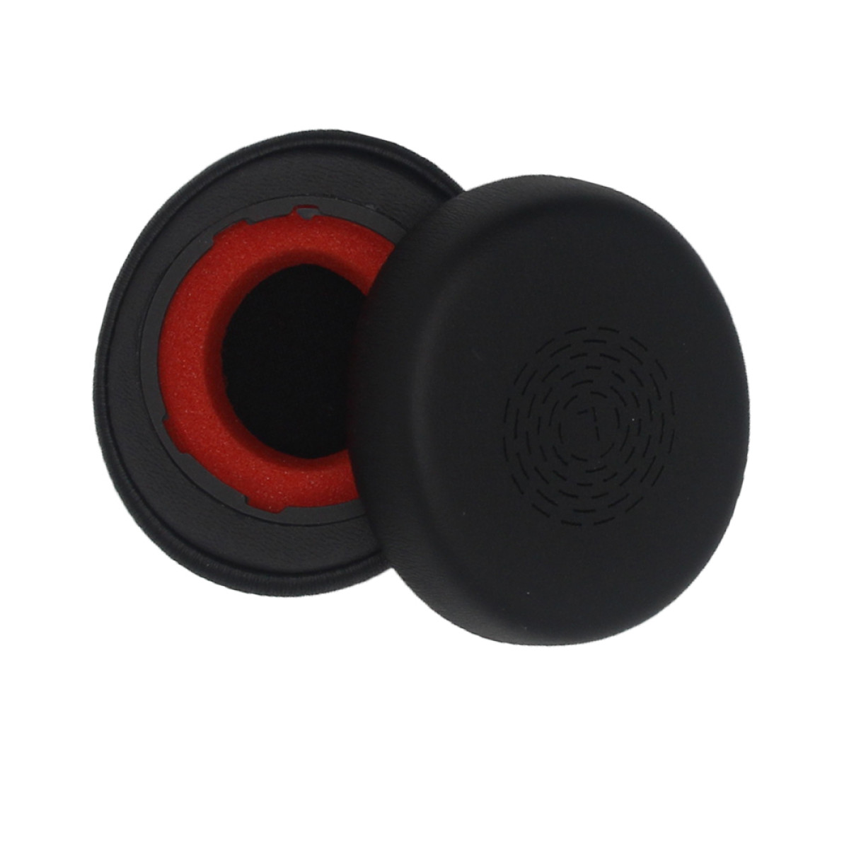 Oorkussen voor hoofdtelefoon met een rood interieur en zwart exterieur.