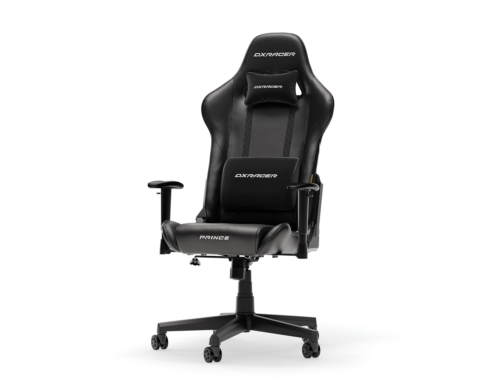 Schwarzer DXracer Prince Gaming-Stuhl mit Kopf- und Lendenwirbelstütze auf weißem Hintergrund.