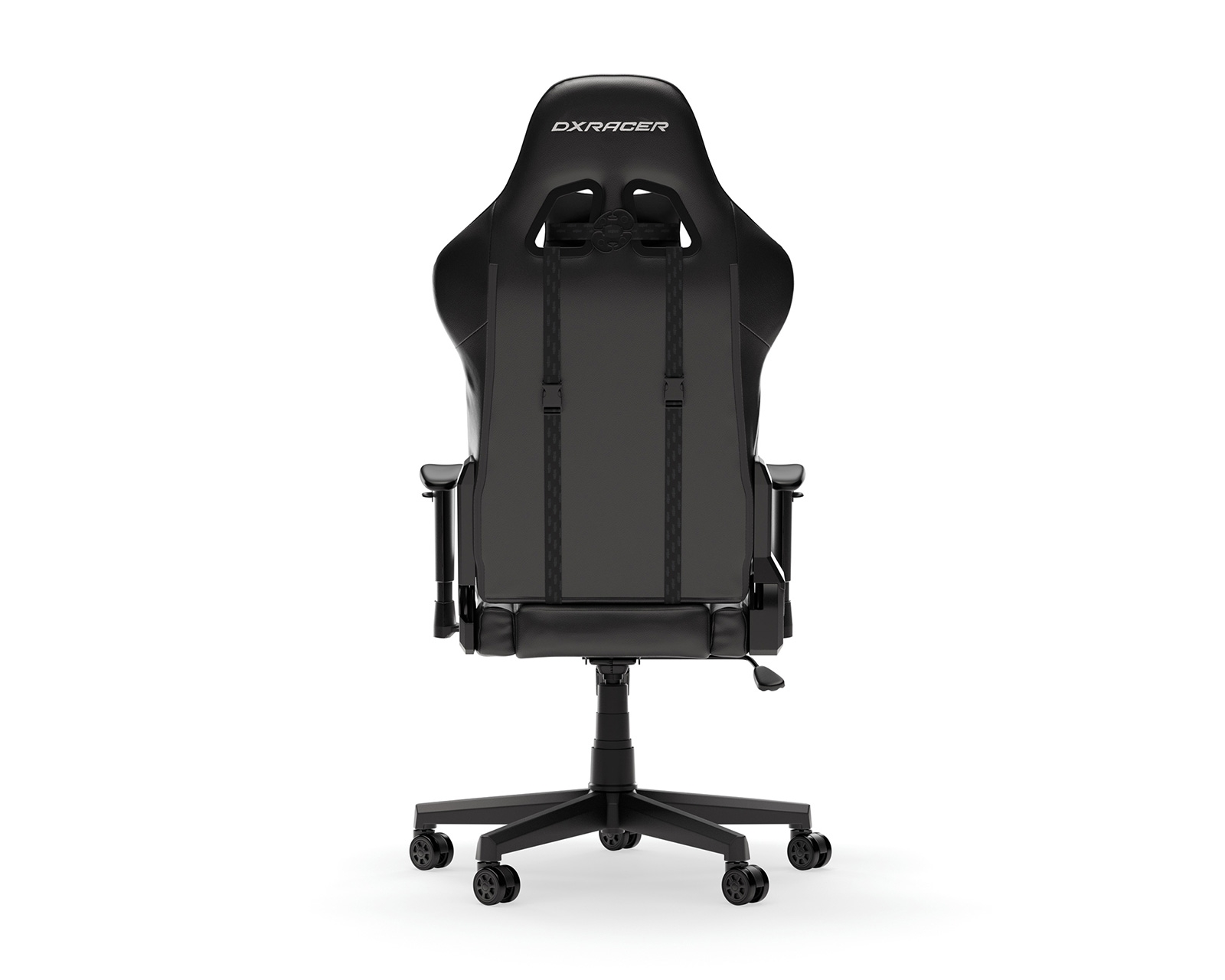 Rückansicht eines schwarzen Gaming-Stuhls mit Kopfstütze, Gurten und Rädern, auf weißem Grund.