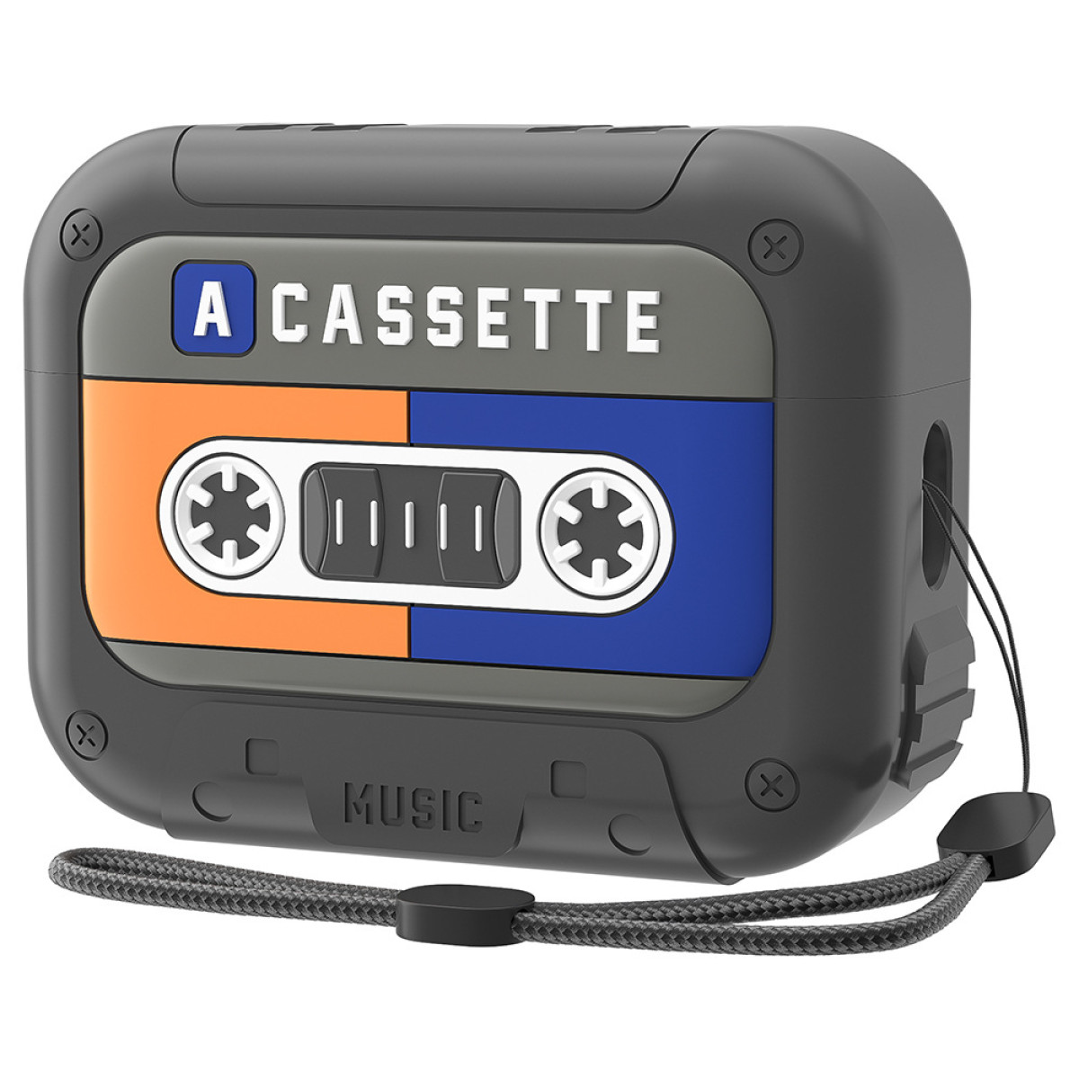 Custodia AirPods a cassetta nera, con le parole 'A CASSETTE'.
