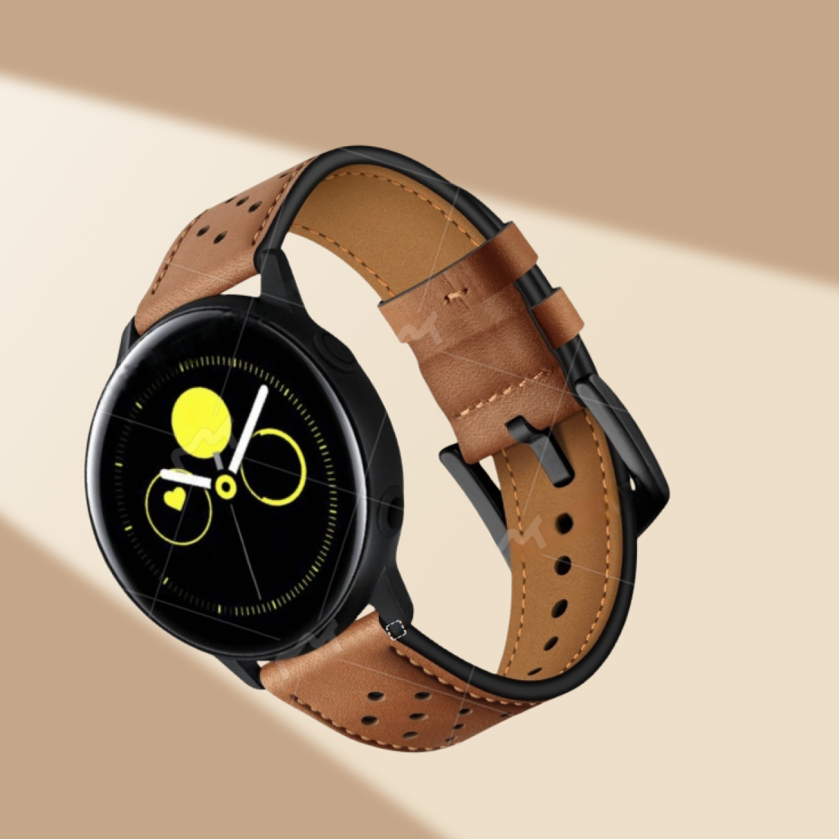 Smartwatch con cinturino in pelle marrone su sfondo sfocato.