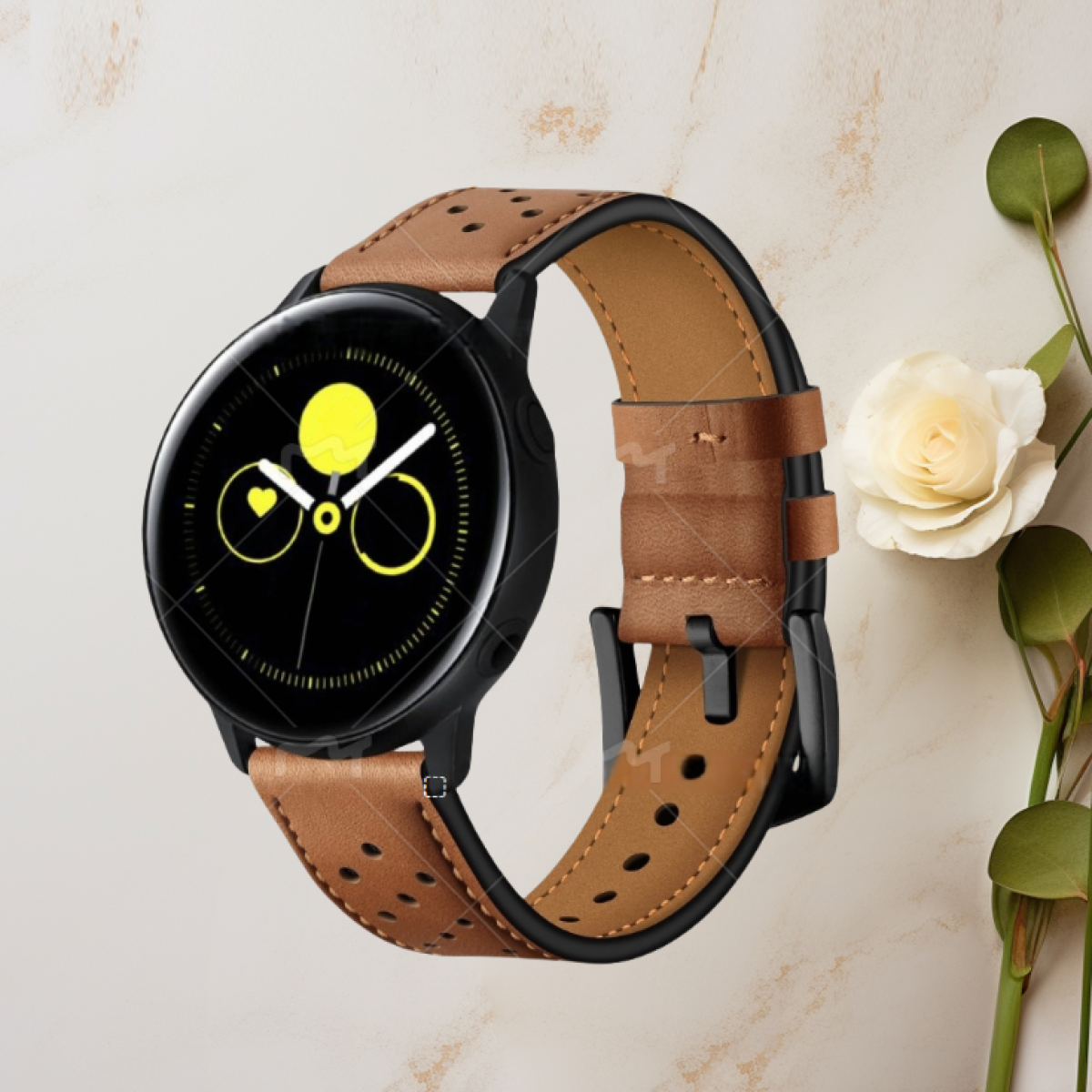 Smartwatch nero con cinturino in pelle marrone e una rosa bianca.