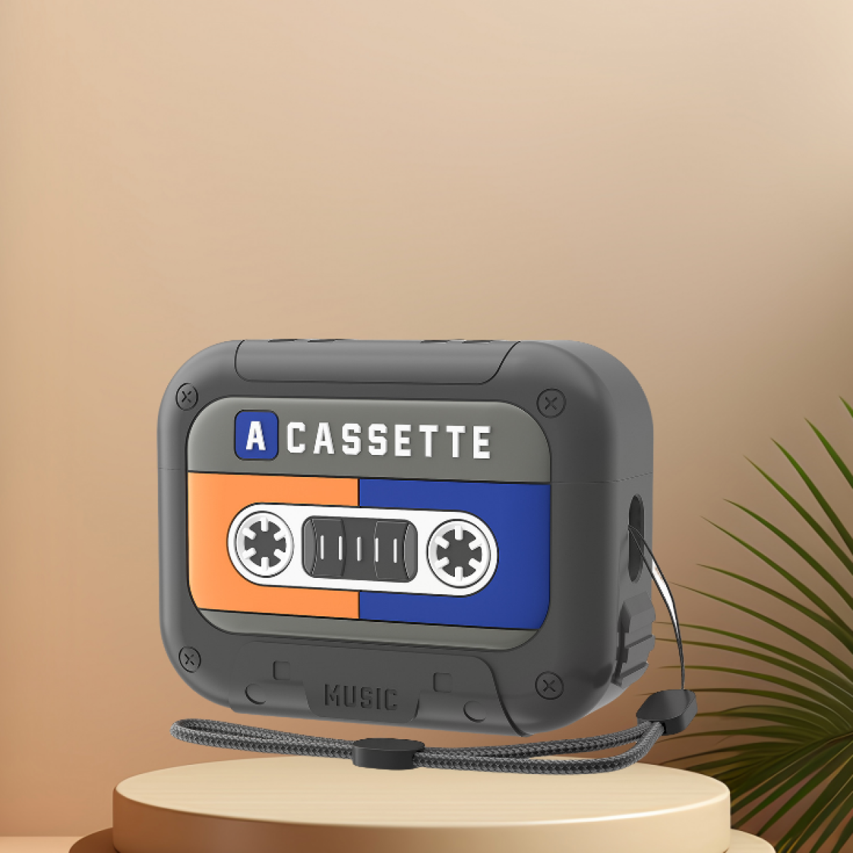 Custodia nera progettata come una musicassetta con le parole 'A CASSETTE' e 'MUSIC'.