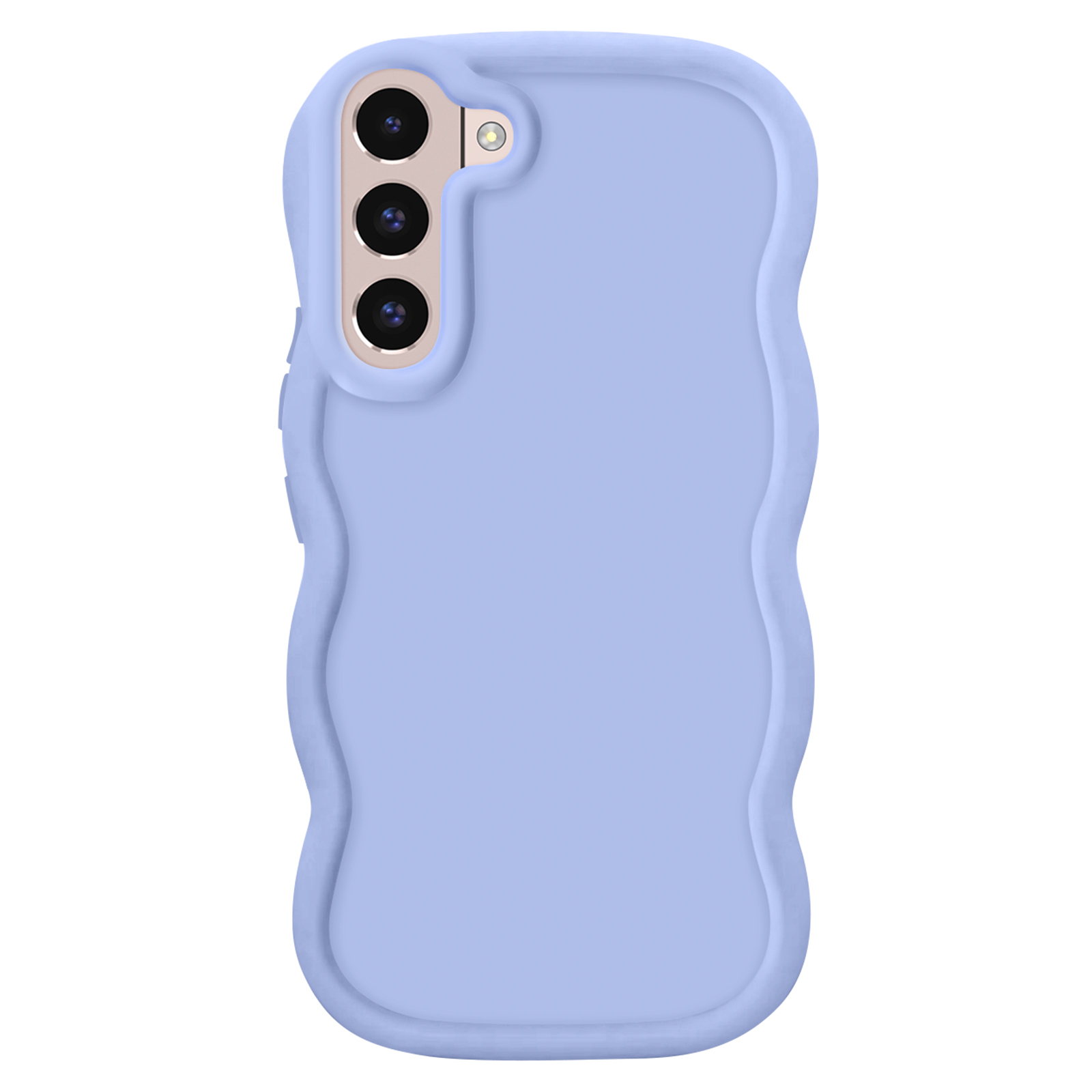 Custodia per telefono lilla chiaro con bordo ondulato e fori per la fotocamera. Sfondo bianco.