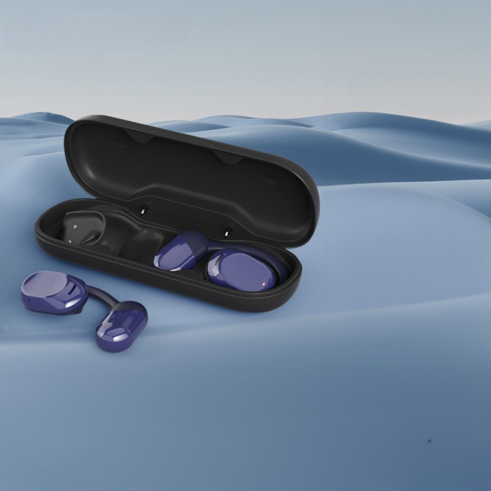 Ohrhörer in einem Etui, blaue Farbe, auf blauem Hintergrund. Nahaufnahme, ästhetisch und produktorientiert.