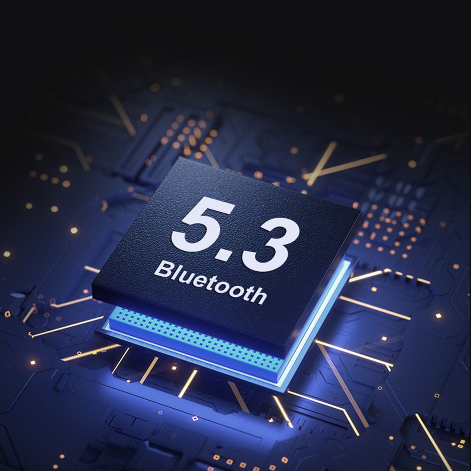 Nahaufnahme eines schwarzen Bluetooth-Chips mit 5.3 Bluetooth-Text und blauer Basis.