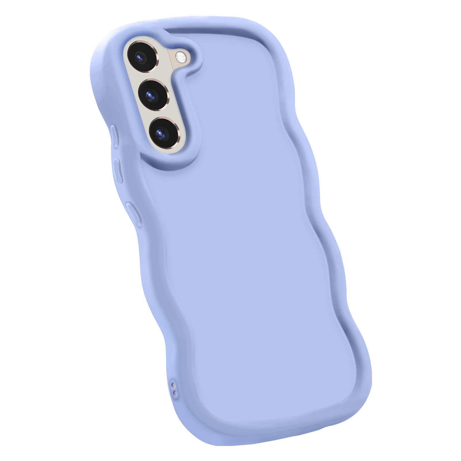 Una custodia per telefono lilla chiaro con un design ondulato e tre obiettivi.