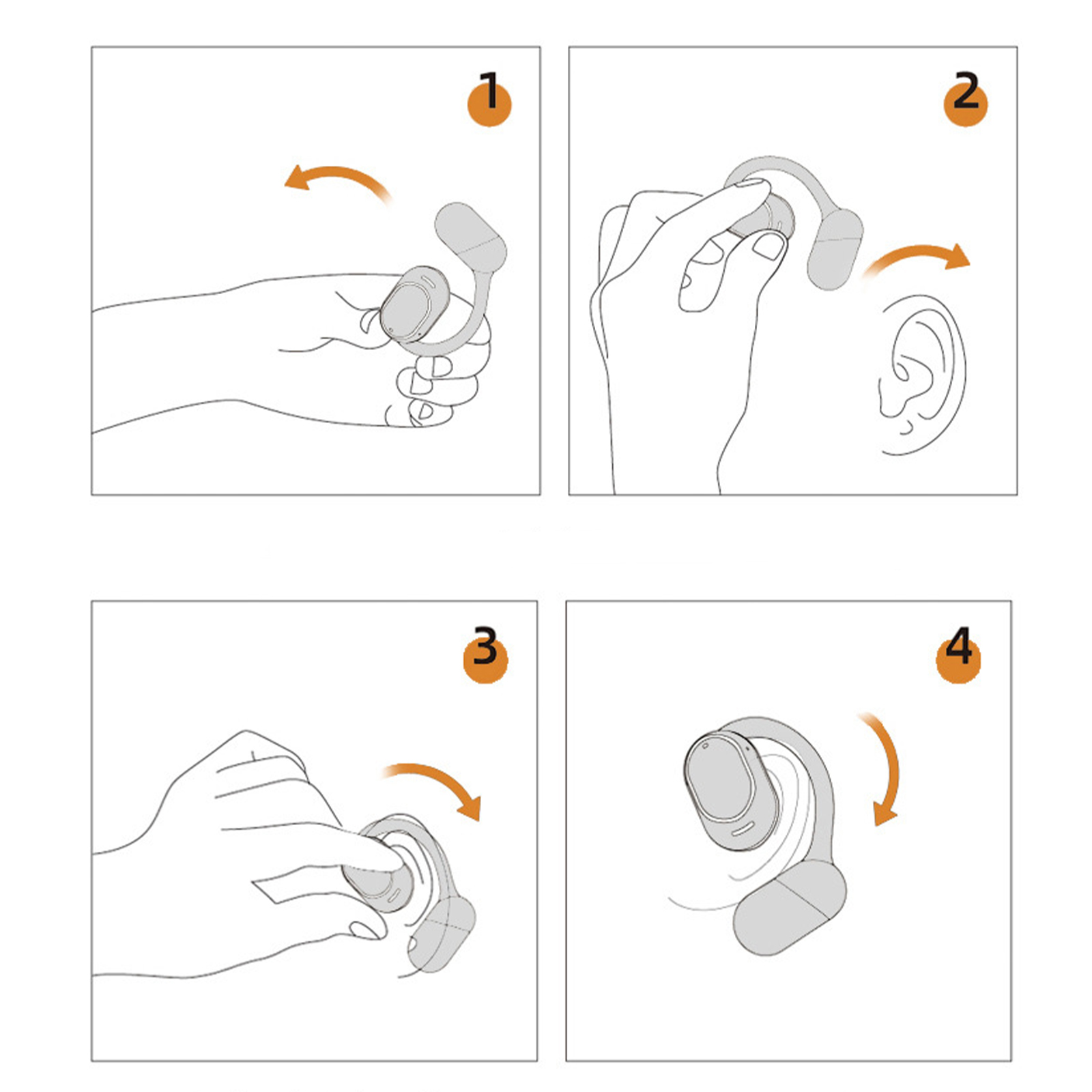 Vier Diagramme zur Verwendung eines Knochenleitungskopfhörers: 1. Drehen, 2. Platzieren, 3. Anpassen, 4. Sichern.