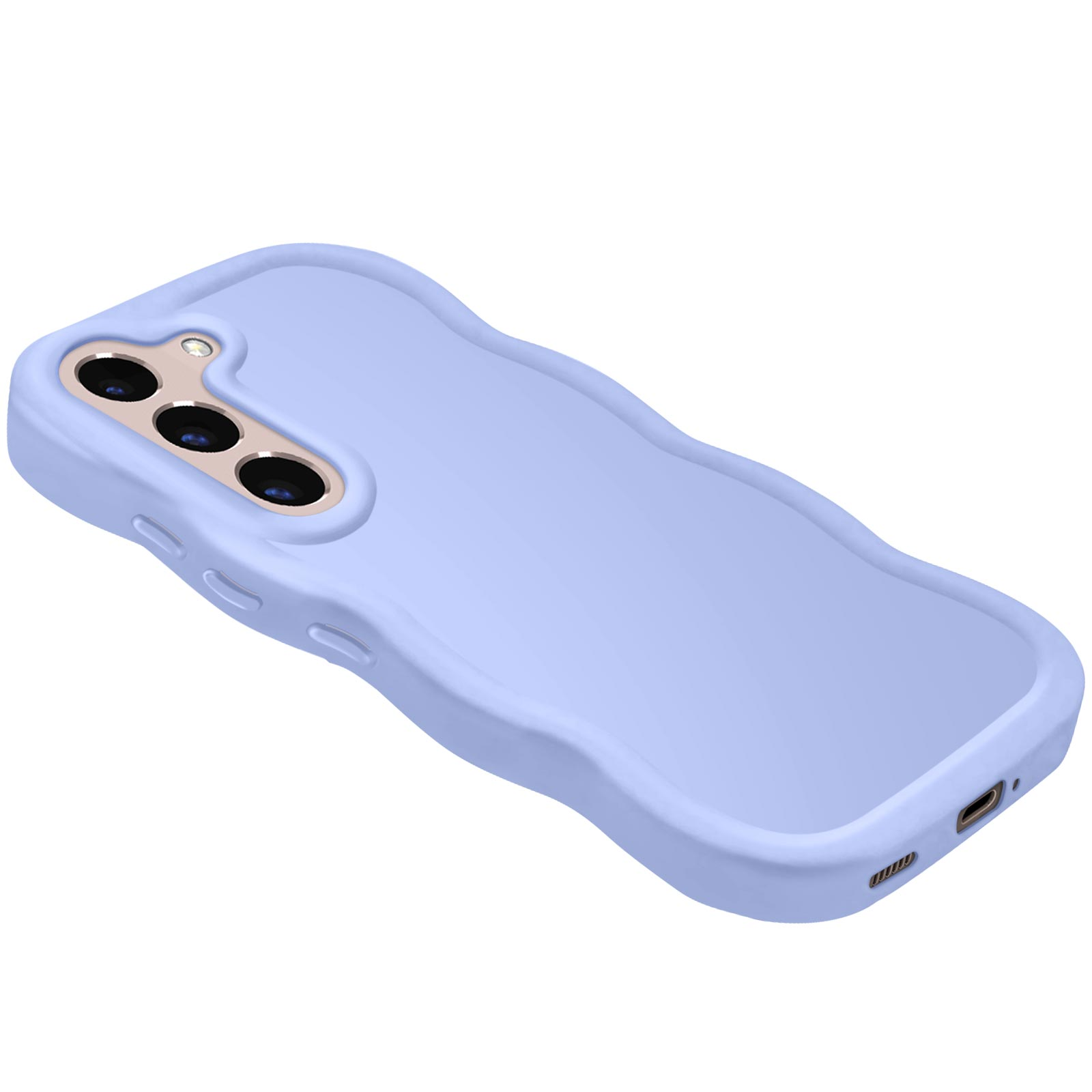 Una custodia per telefono lilla chiaro con un design ondulato, prospettiva angolata.