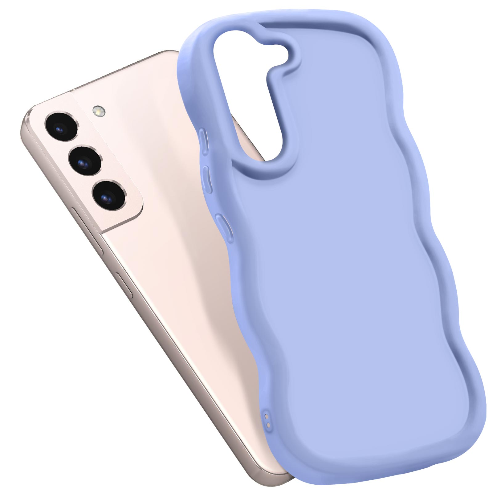 Una custodia per telefono viola chiaro accanto a un telefono rosa chiaro. La custodia ha un design ondulato.
