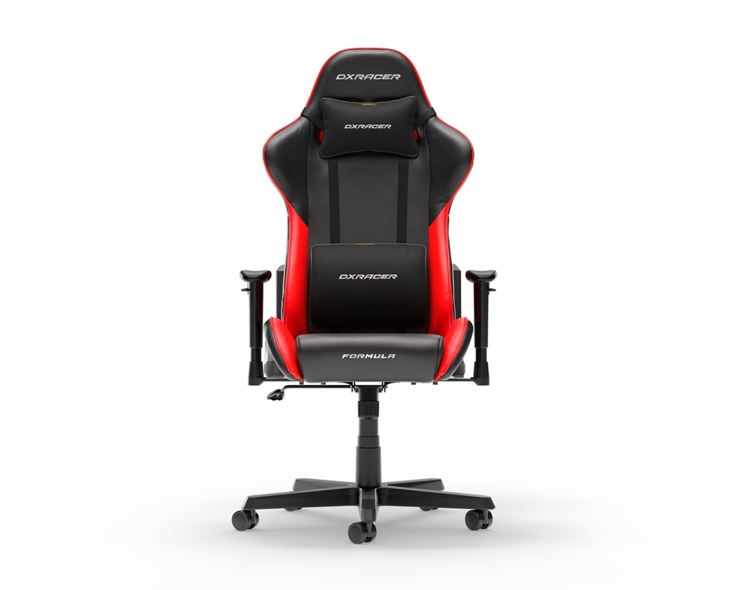 Roter und schwarzer Gaming-Stuhl. Er hat eine Kopfstütze, Lordosenstütze und ein schwarzes Gestell mit Rädern.