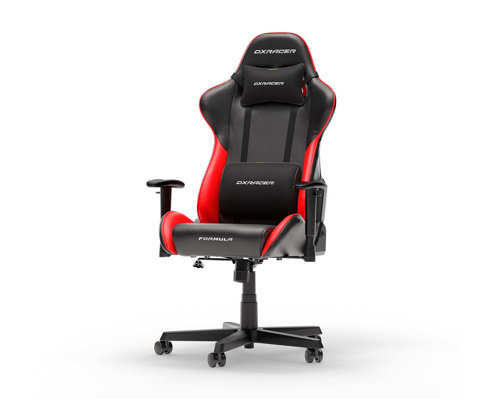 Ein schwarz-roter Gaming-Stuhl mit Kopfstütze, Lendenkissen und dem Wort 'FORMULA'.