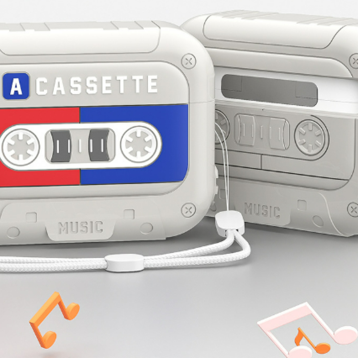 Funda de auriculares blanca en forma de casete con detalles rojos y azules. Notas musicales.