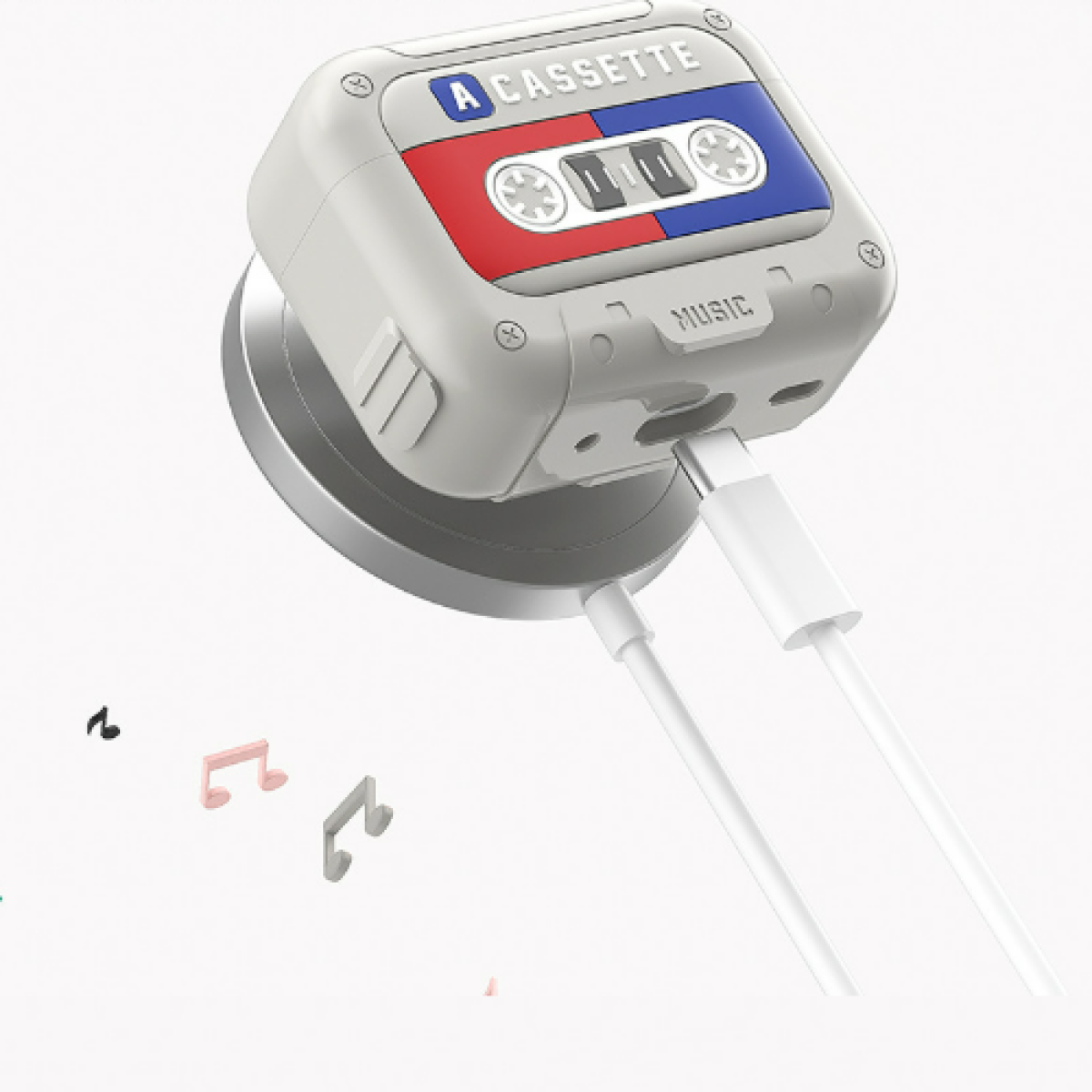 Caja gris con forma de casete con un cable blanco enchufado y notas musicales alrededor.